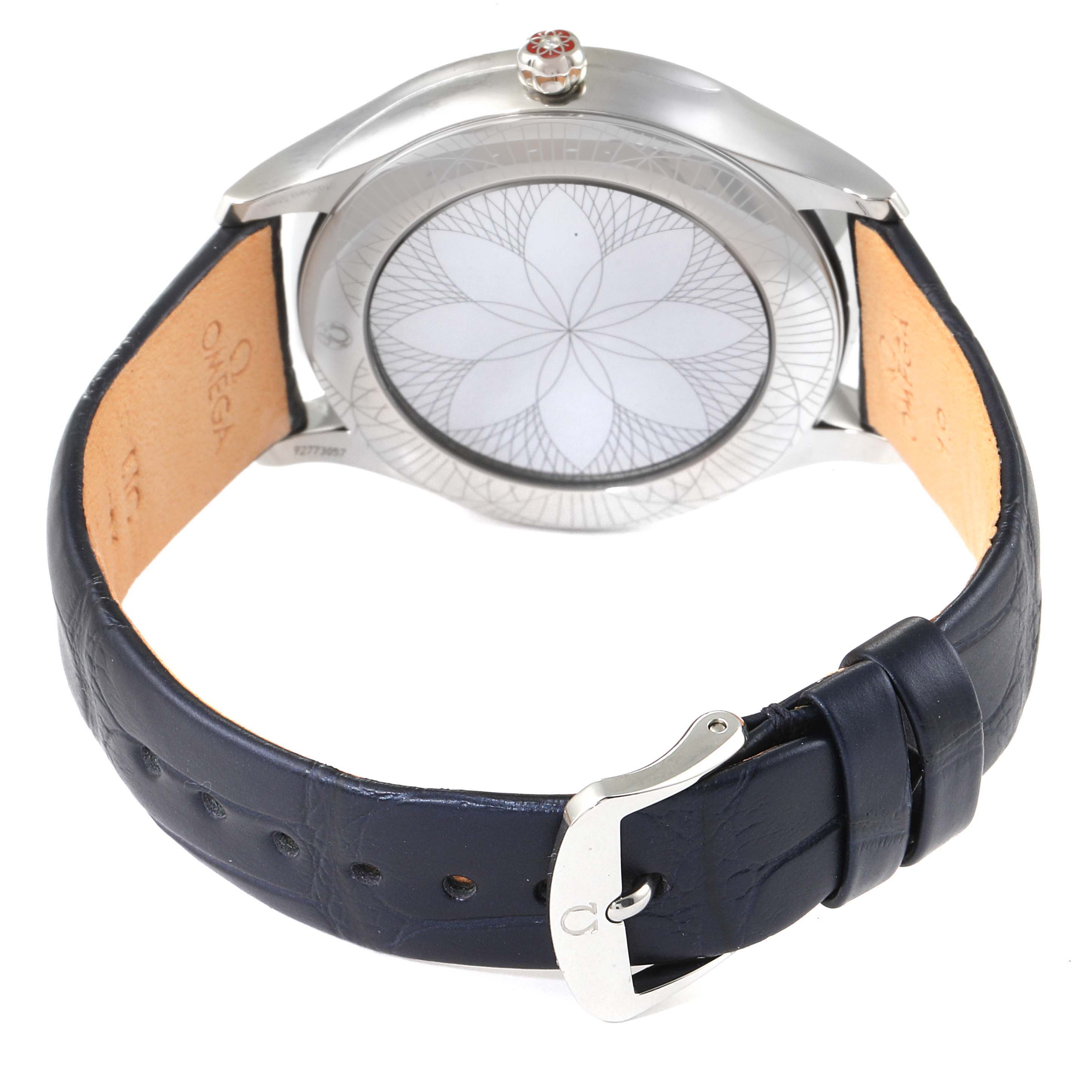 The image shows the back of an Omega 428.18.39.60.04.001 Women's Stainless Steel White Dial 428.18.39.60.04.001 Women's Stainless Steel White Dial De Ville Tresor Steel Diamond Ladies Watch model 428.18.39.60.04.001, highlighting its strap and clasp.