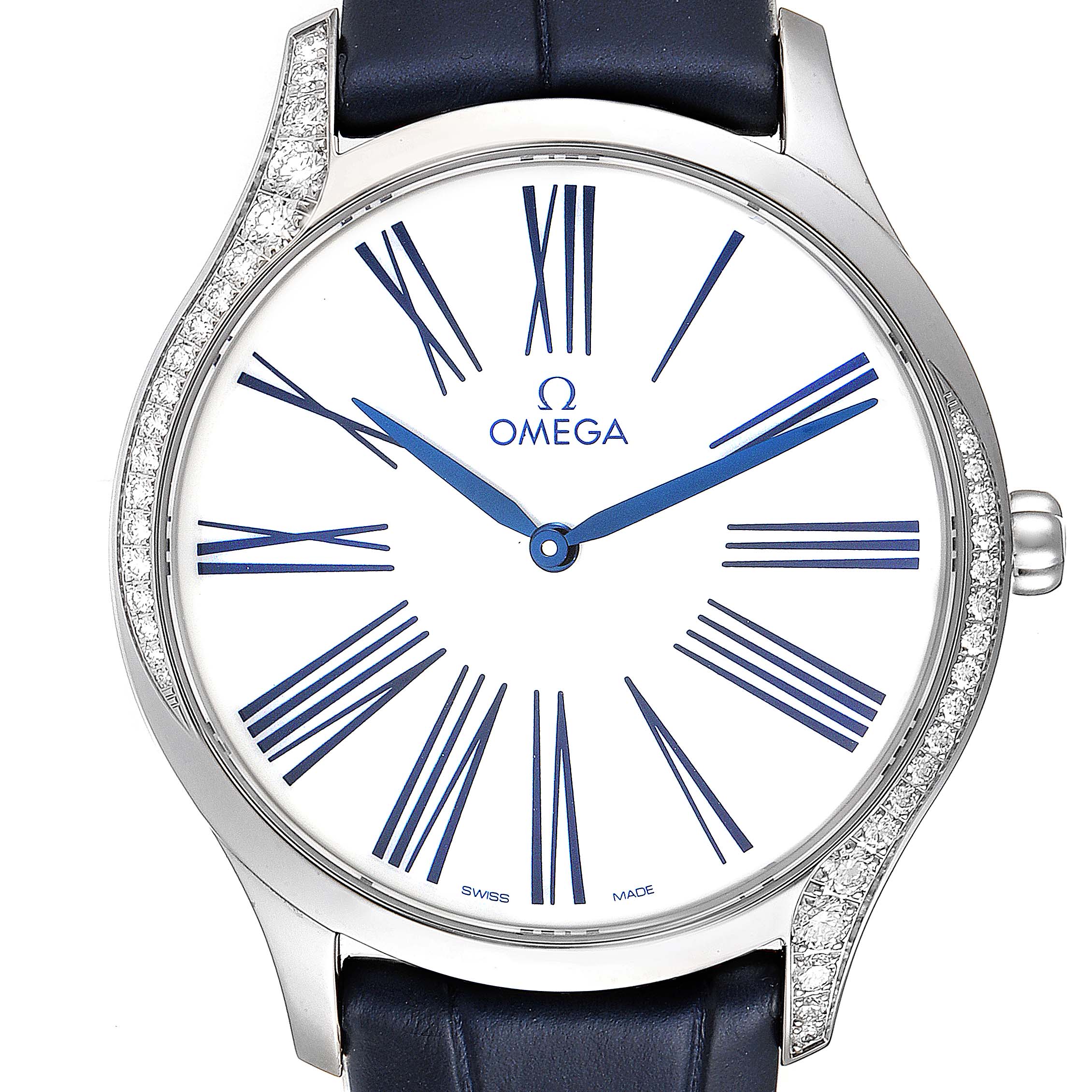 This image shows a front view of the Omega 428.18.39.60.04.001 Women's Stainless Steel White Dial 428.18.39.60.04.001 Women's Stainless Steel White Dial De Ville Tresor Steel Diamond Ladies Watch model 428.18.39.60.04.001, highlighting the dial and bezel.