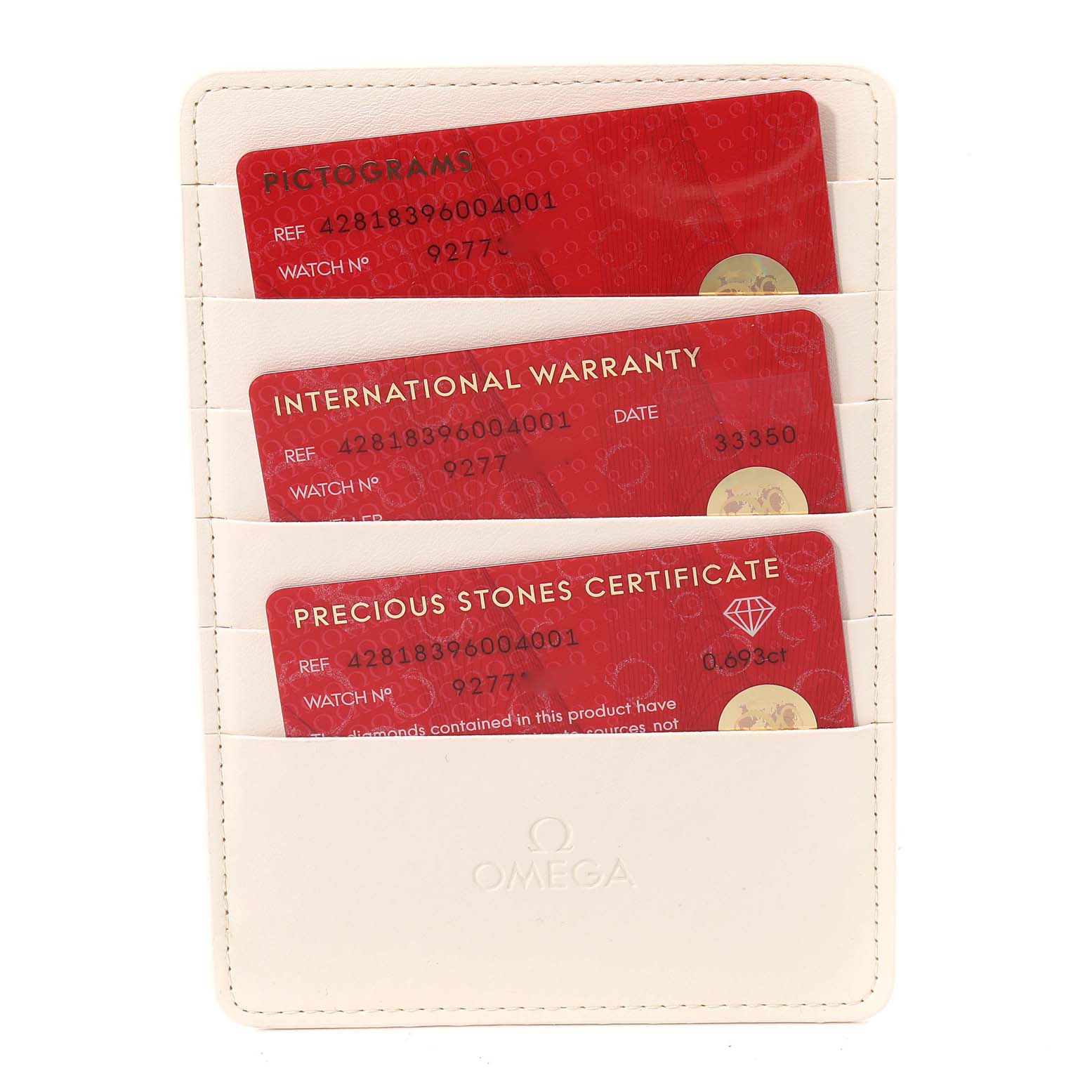 The image shows the warranty and certification cards for the Omega 428.18.39.60.04.001 Women's Stainless Steel White Dial 428.18.39.60.04.001 Women's Stainless Steel White Dial De Ville Tresor Steel Diamond Ladies Watch 428.18.39.60.04.001.