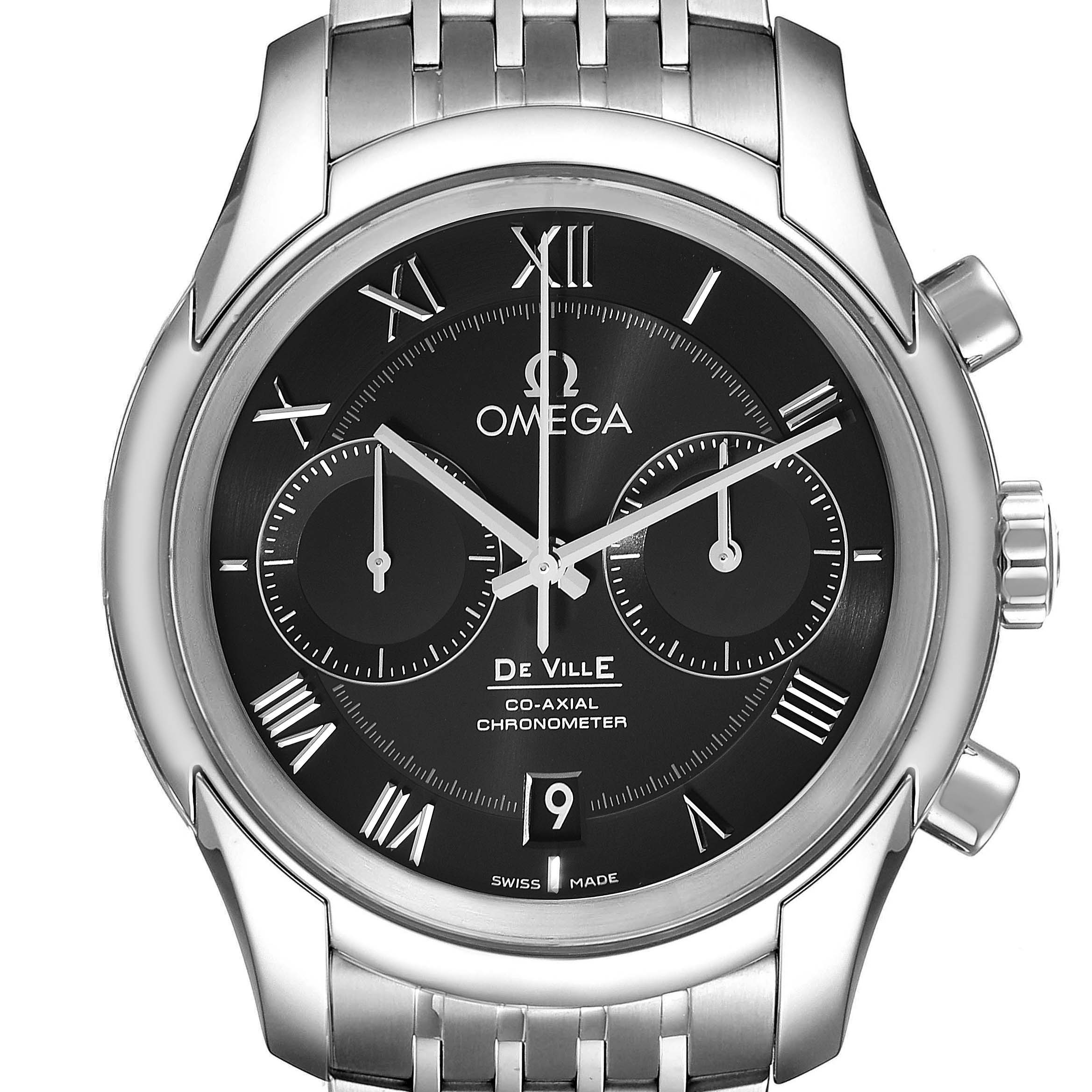 The image shows a front view of the Omega De Ville 431.10.42.51.01.001 Men's Stainless Steel Black Dial 431.10.42.51.01.001 Men's Stainless Steel Black Dial watch, highlighting the dial, hands, and bracelet.