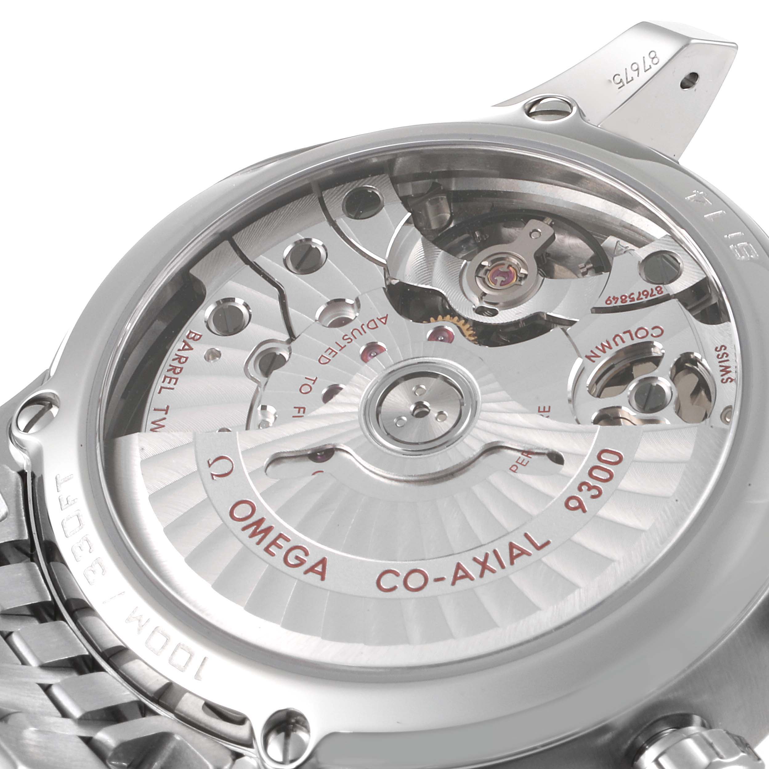 The image shows the back case and movement of the Omega De Ville 431.10.42.51.01.001 Men's Stainless Steel Black Dial 431.10.42.51.01.001 Men's Stainless Steel Black Dial watch, highlighting its Co-Axial 9300 mechanism.