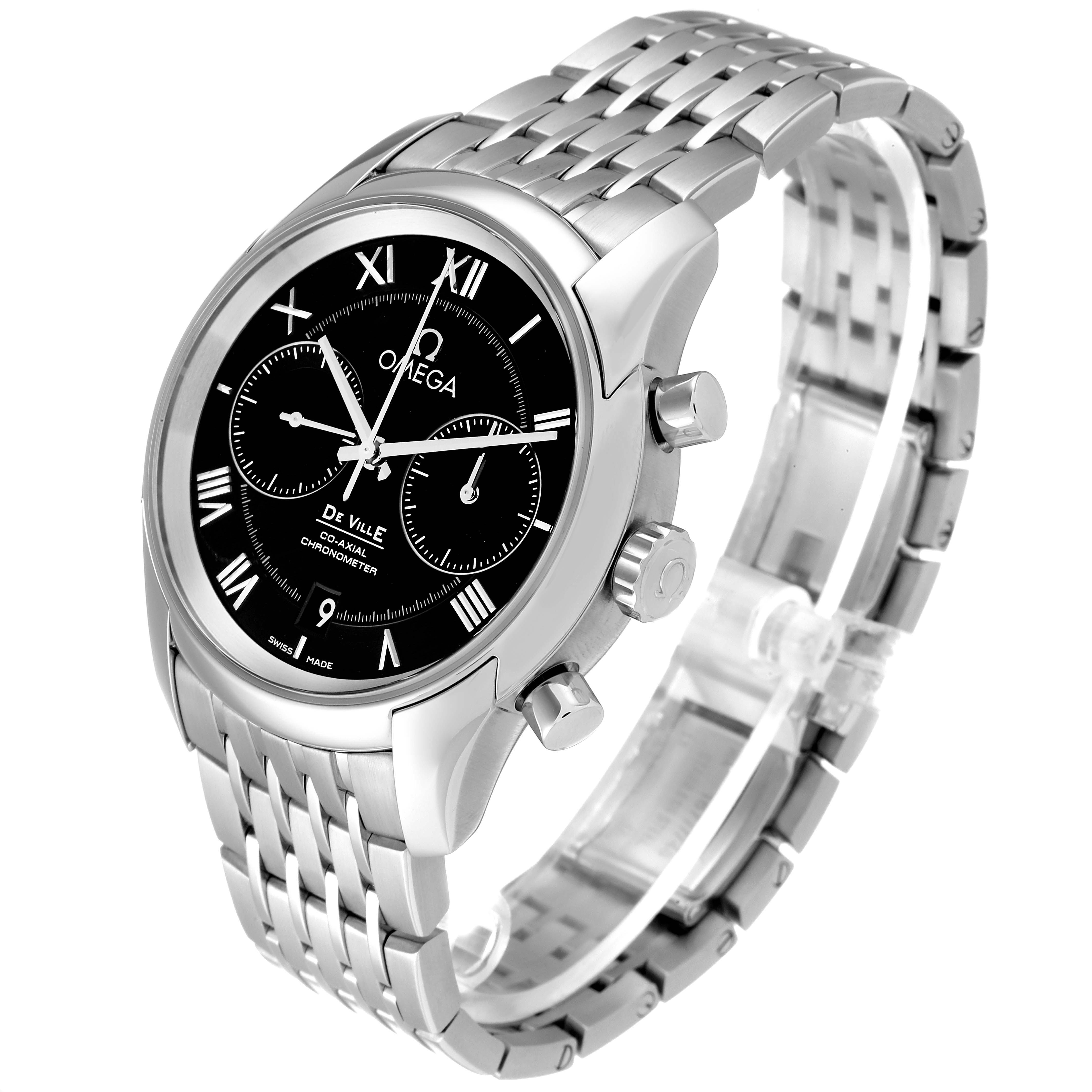 The image shows an angled view of an Omega De Ville 431.10.42.51.01.001 Men's Stainless Steel Black Dial 431.10.42.51.01.001 Men's Stainless Steel Black Dial watch, featuring its face, bezel, crown, pushers, and bracelet.