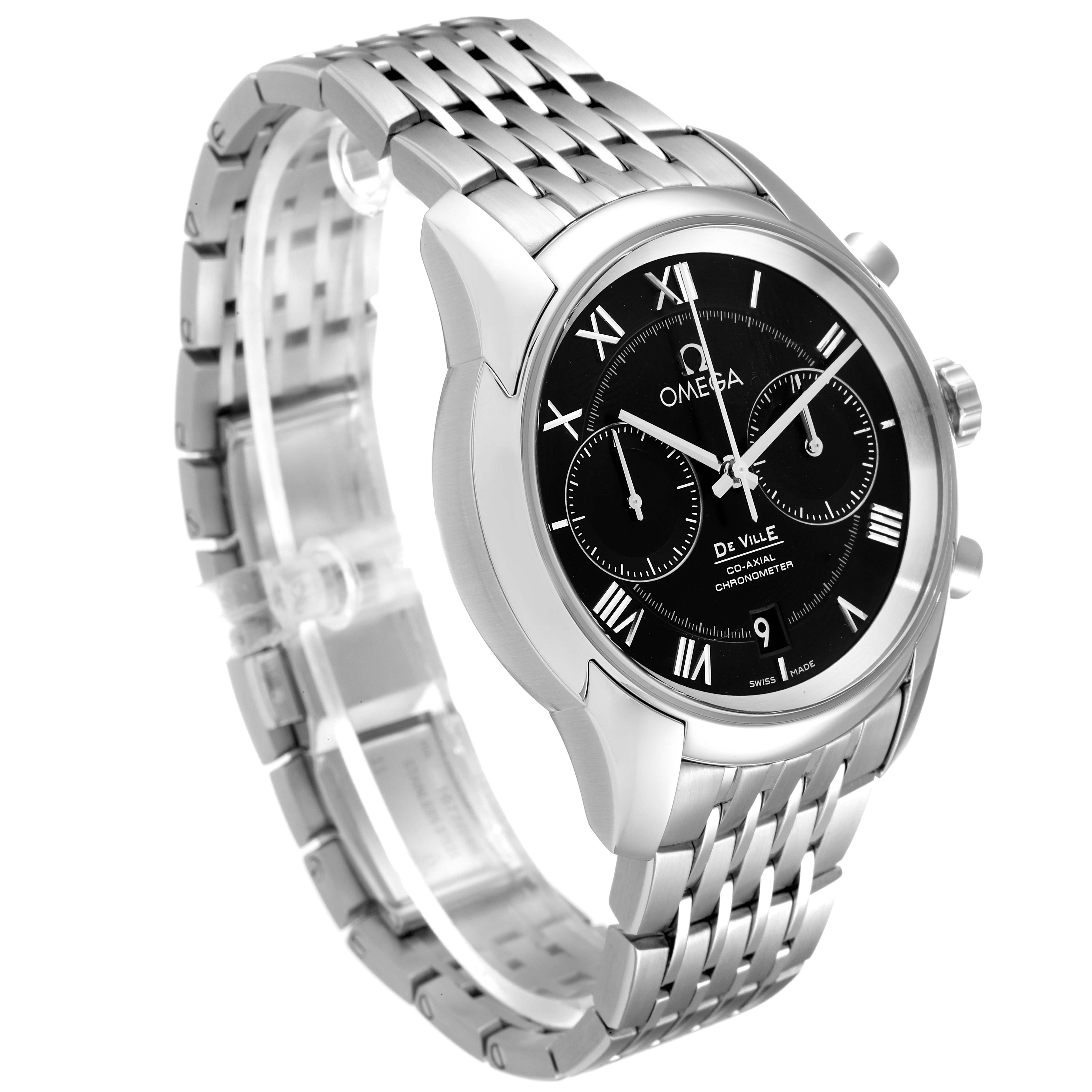 The image shows an angled view of the Omega De Ville 431.10.42.51.01.001 Men's Stainless Steel Black Dial 431.10.42.51.01.001 Men's Stainless Steel Black Dial watch highlighting its stainless steel band and black dial with Roman numerals.