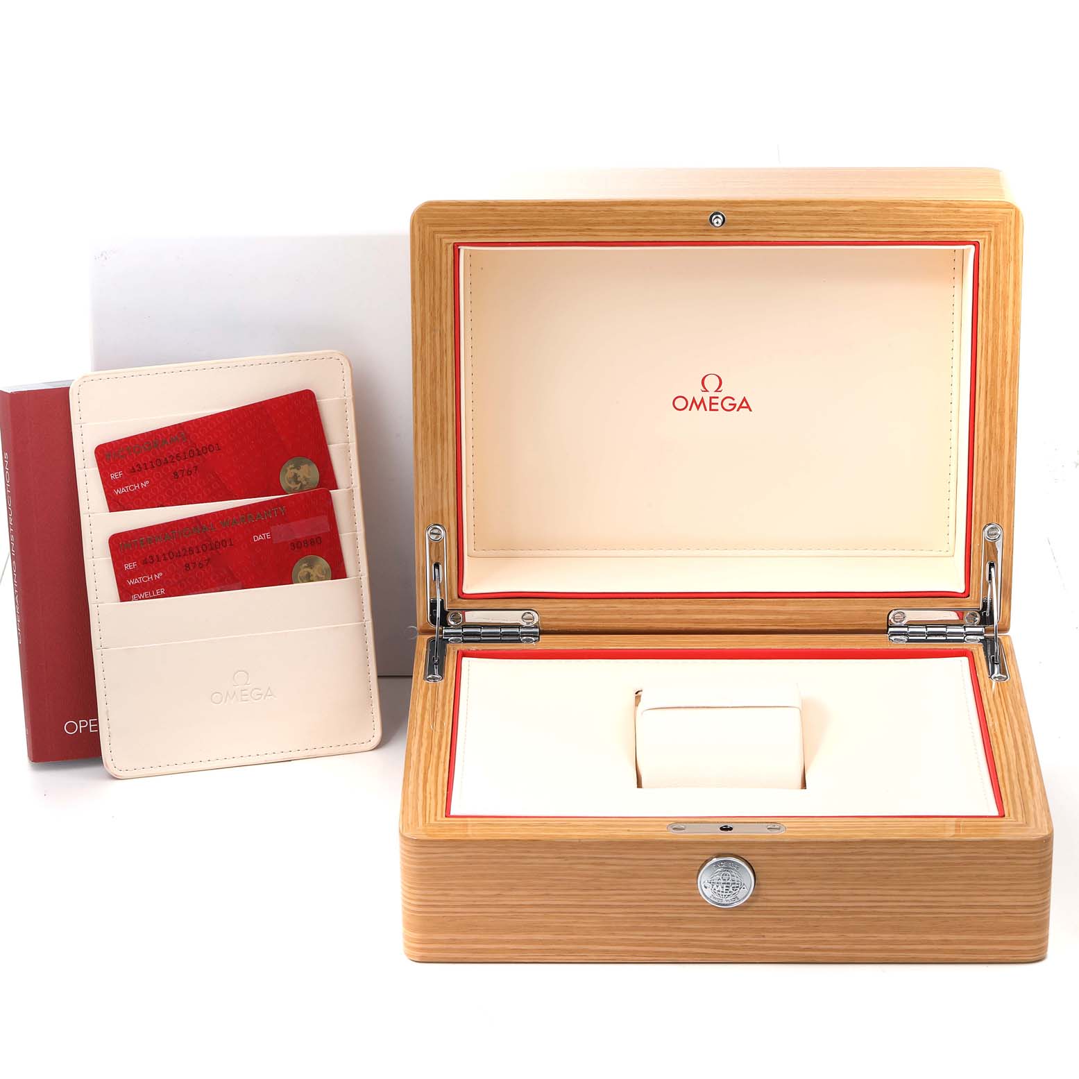 The image displays an Omega De Ville 431.10.42.51.01.001 Men's Stainless Steel Black Dial 431.10.42.51.01.001 Men's Stainless Steel Black Dial watch box opened, showing the interior, and alongside are Omega warranty cards and a manual.