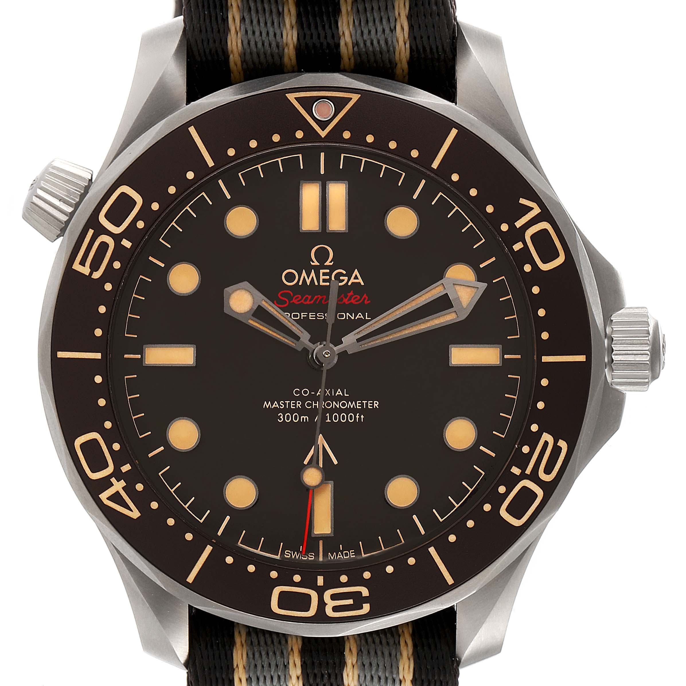 This is a close-up view of the Omega Seamaster 210.92.42.20.01.001 Men's Titanium Brown Dial 210.92.42.20.01.001 Men's Titanium Brown Dial watch, showing the face, bezel, hands, and part of the strap.