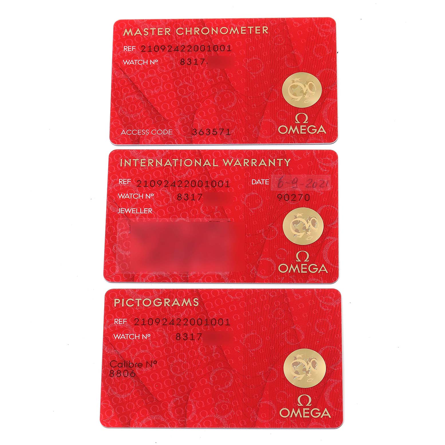 This image shows three Omega Seamaster 210.92.42.20.01.001 Men's Titanium Brown Dial 210.92.42.20.01.001 Men's Titanium Brown Dial model cards: Master Chronometer, International Warranty, and Pictograms.