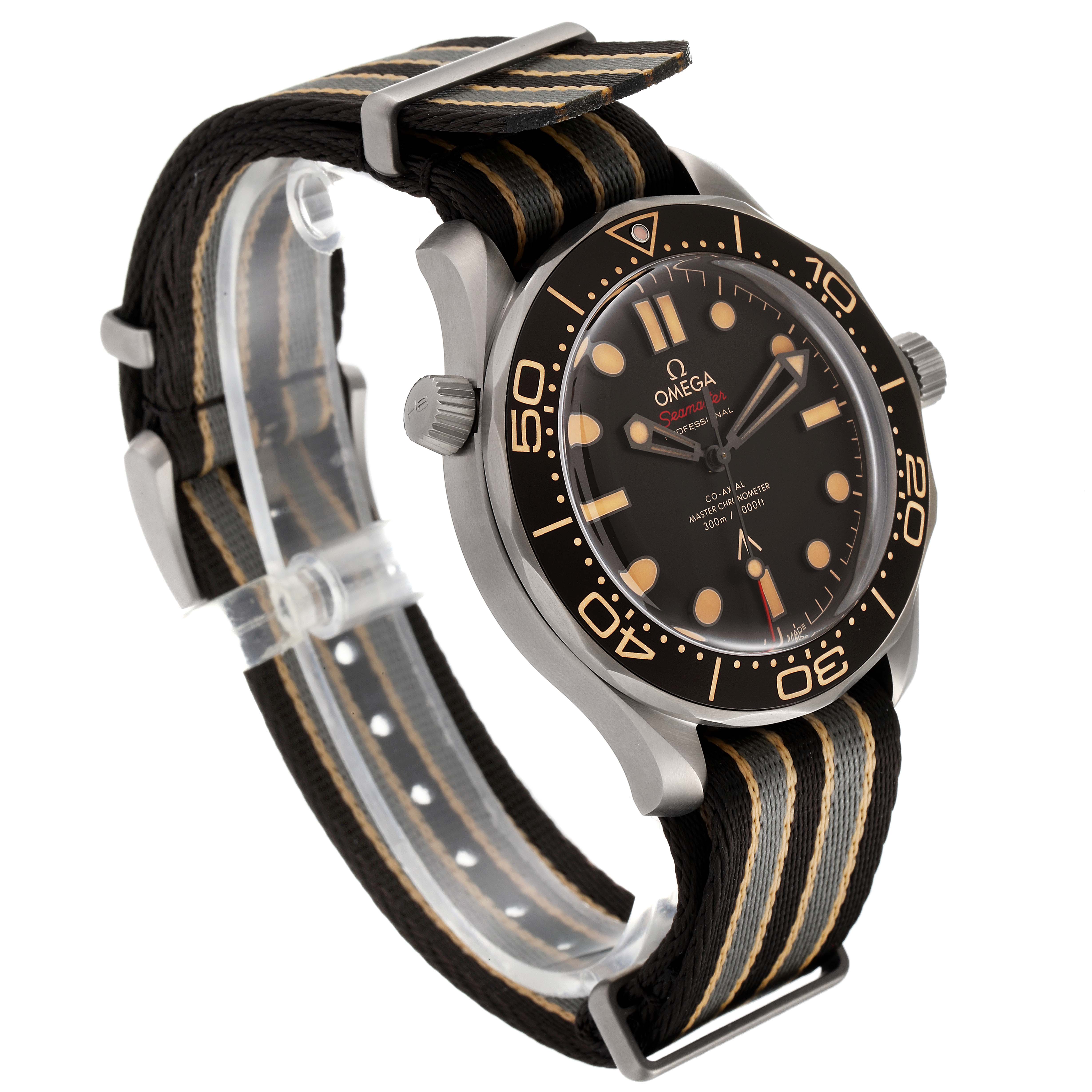 The Omega Seamaster 210.92.42.20.01.001 Men's Titanium Brown Dial 210.92.42.20.01.001 Men's Titanium Brown Dial watch is shown at a 3/4 angle, displaying the dial, bezel, crown, and NATO strap.