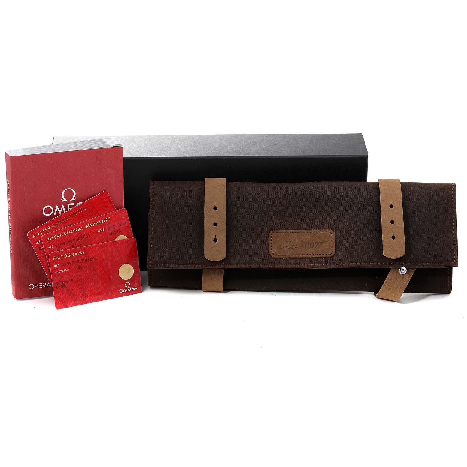 This image shows an Omega Seamaster 210.92.42.20.01.001 Men's Titanium Brown Dial 210.92.42.20.01.001 Men's Titanium Brown Dial watch roll, warranty cards, a manual, and a box.