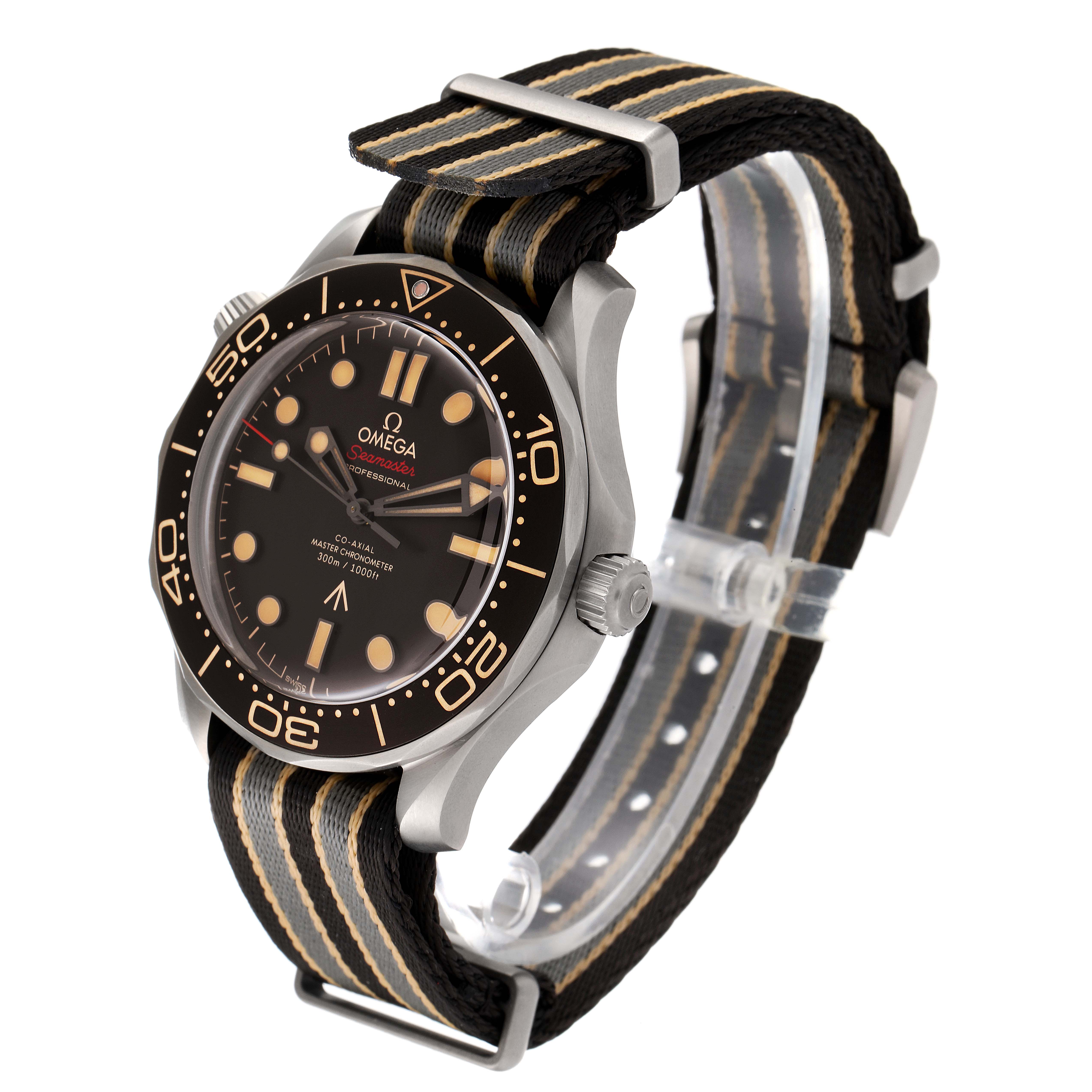 The image shows an angled side view of an Omega Seamaster 210.92.42.20.01.001 Men's Titanium Brown Dial 210.92.42.20.01.001 Men's Titanium Brown Dial watch, highlighting the bezel, dial, crown, and striped strap.