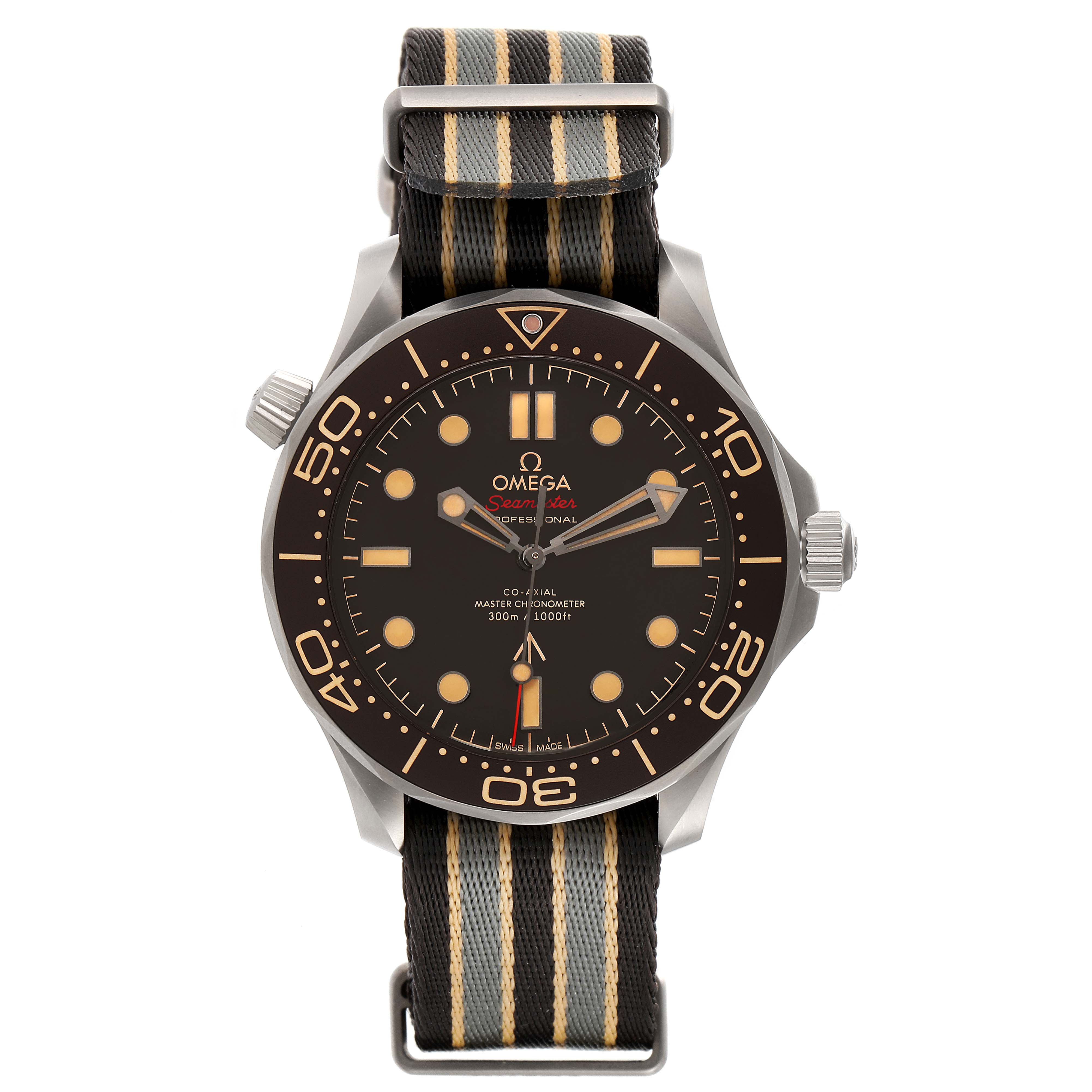 The image shows a front view of an Omega Seamaster 210.92.42.20.01.001 Men's Titanium Brown Dial 210.92.42.20.01.001 Men's Titanium Brown Dial watch with a black and beige NATO strap.