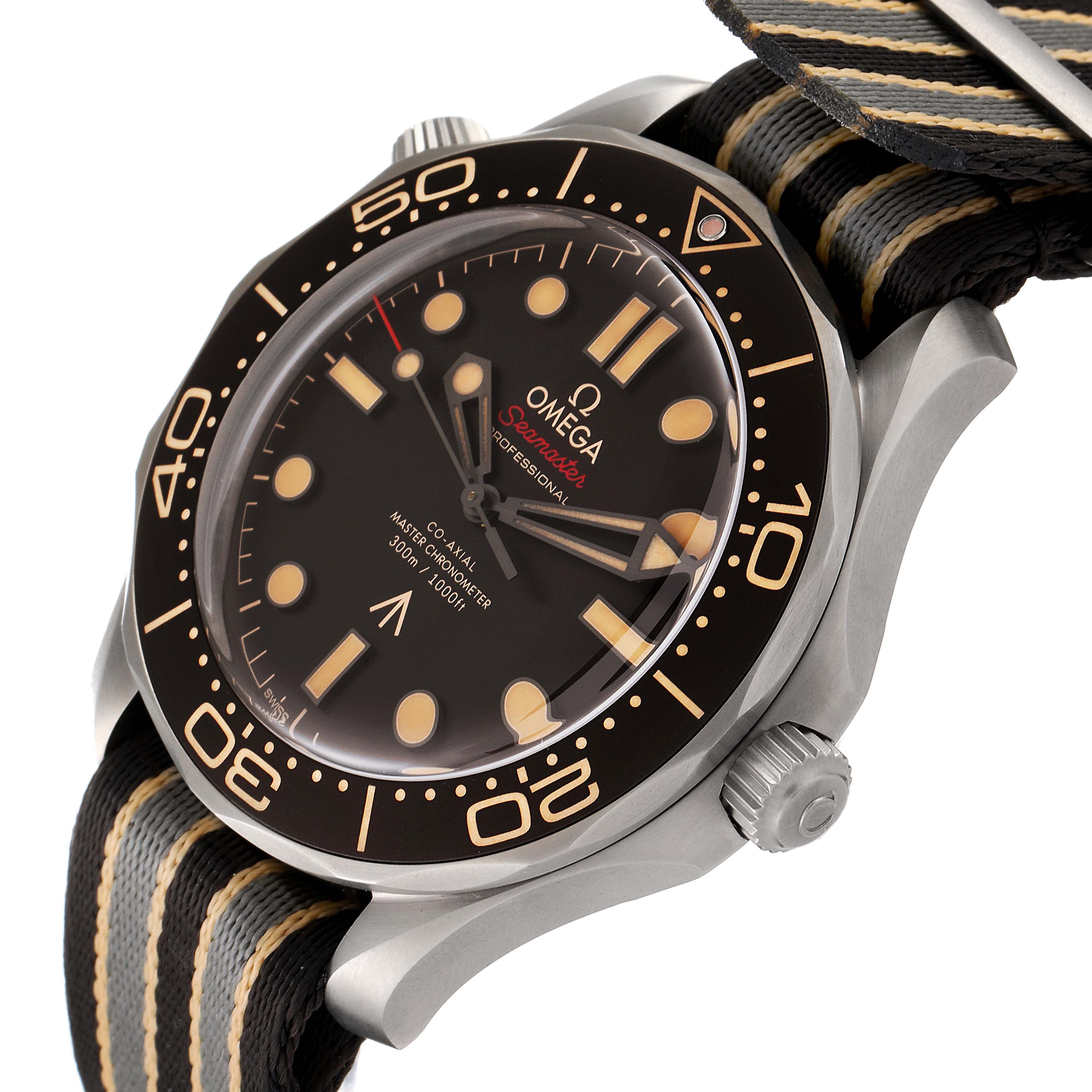 The image shows a close-up angle of an Omega Seamaster 210.92.42.20.01.001 Men's Titanium Brown Dial 210.92.42.20.01.001 Men's Titanium Brown Dial watch, highlighting the dial, bezel, crown, and strap.