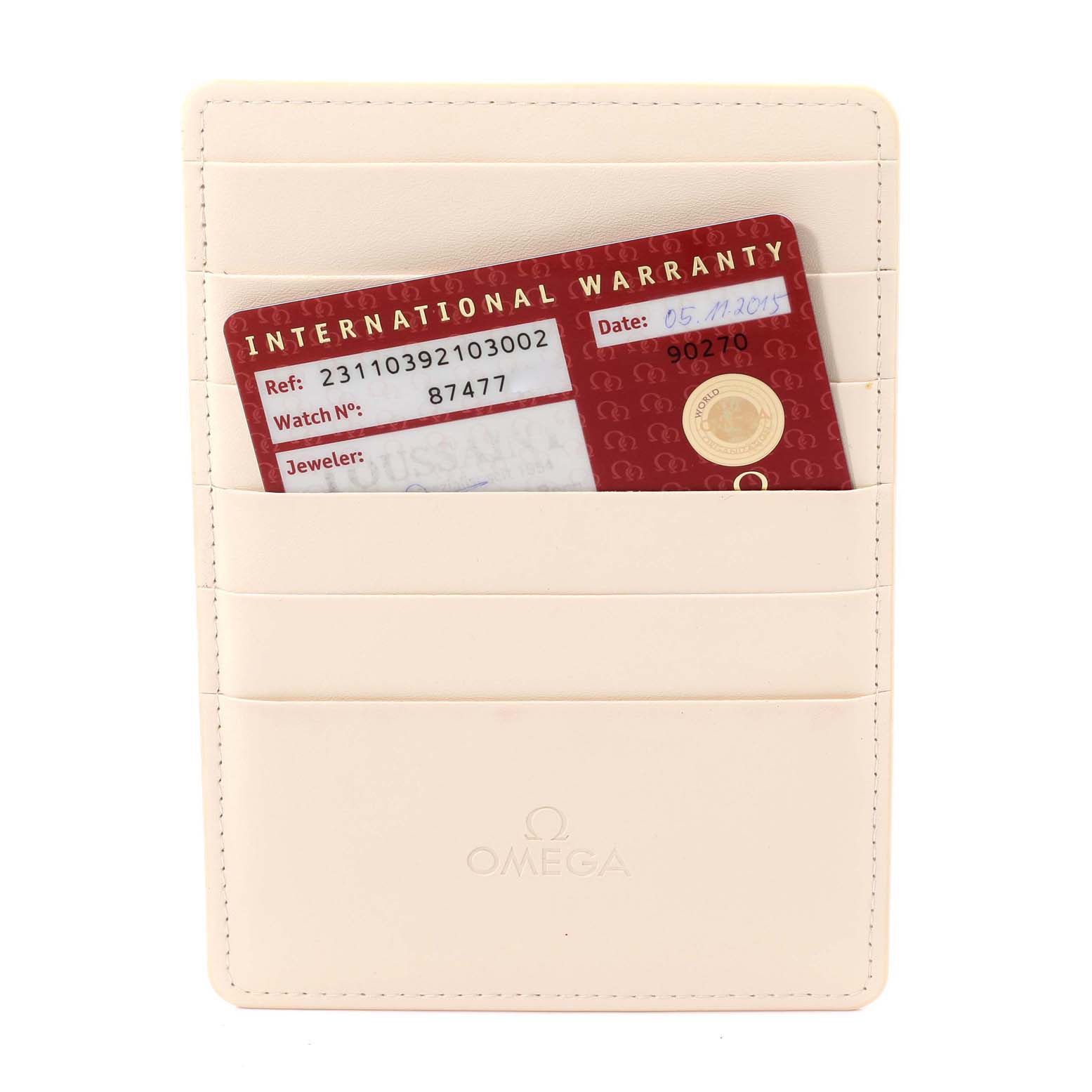 The image shows an Omega Aqua Terra 231.10.39.21.03.002 Men
s Stainless Steel Blue Dial 231.10.39.21.03.002 Men
s Stainless Steel Blue Dial watch
s International Warranty card held in a cream-colored Omega cardholder.