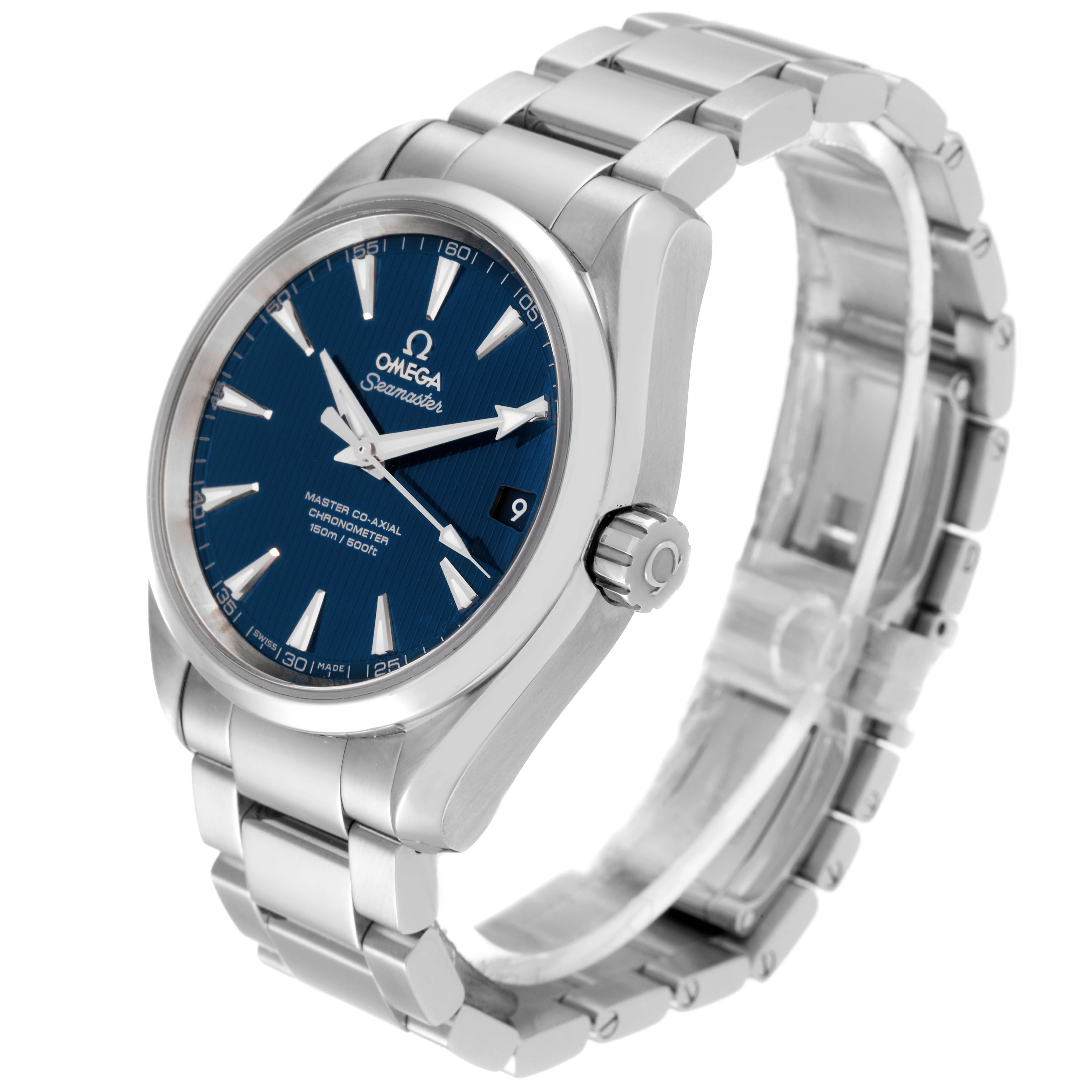 The Omega Aqua Terra 231.10.39.21.03.002 Men
s Stainless Steel Blue Dial 231.10.39.21.03.002 Men
s Stainless Steel Blue Dial watch is shown at a slight angle displaying its face, crown, and metal bracelet.