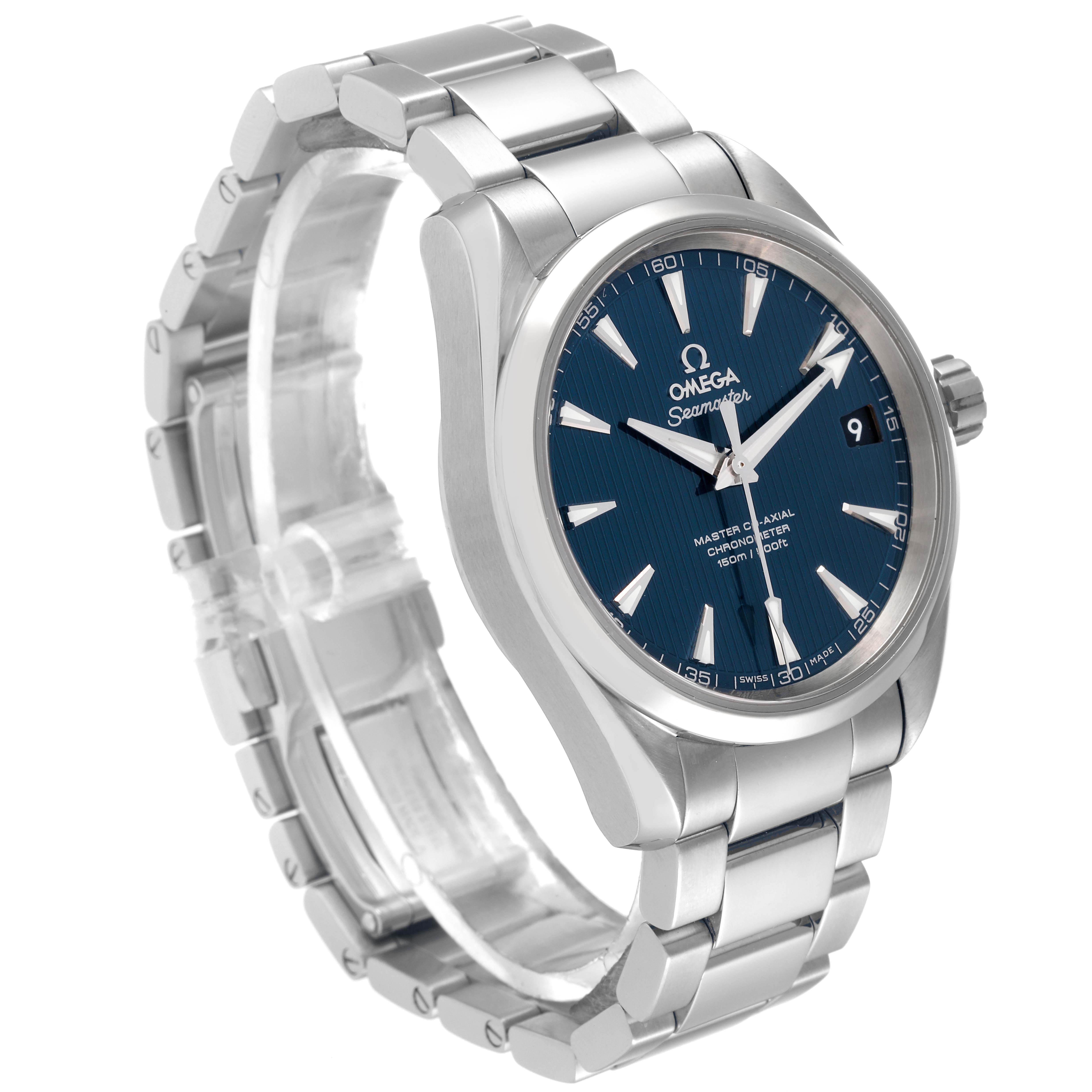 This image shows the Omega Aqua Terra 231.10.39.21.03.002 Men
s Stainless Steel Blue Dial 231.10.39.21.03.002 Men
s Stainless Steel Blue Dial watch at a three-quarter angle, highlighting the face, bezel, crown, and metal bracelet.