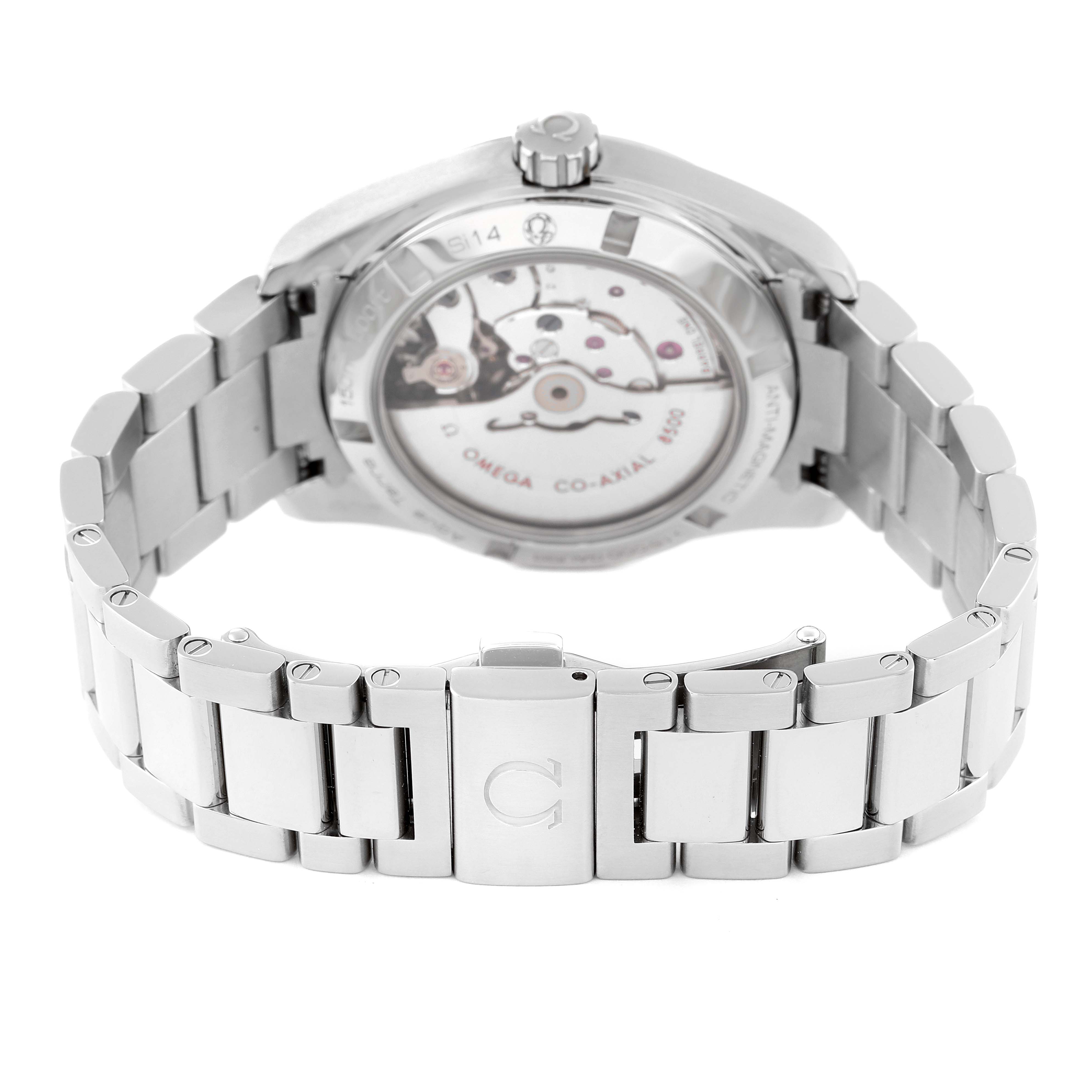 This image shows the back view of the Omega Aqua Terra 231.10.39.21.03.002 Men
s Stainless Steel Blue Dial 231.10.39.21.03.002 Men
s Stainless Steel Blue Dial watch, highlighting its stainless steel bracelet and exposed movement.