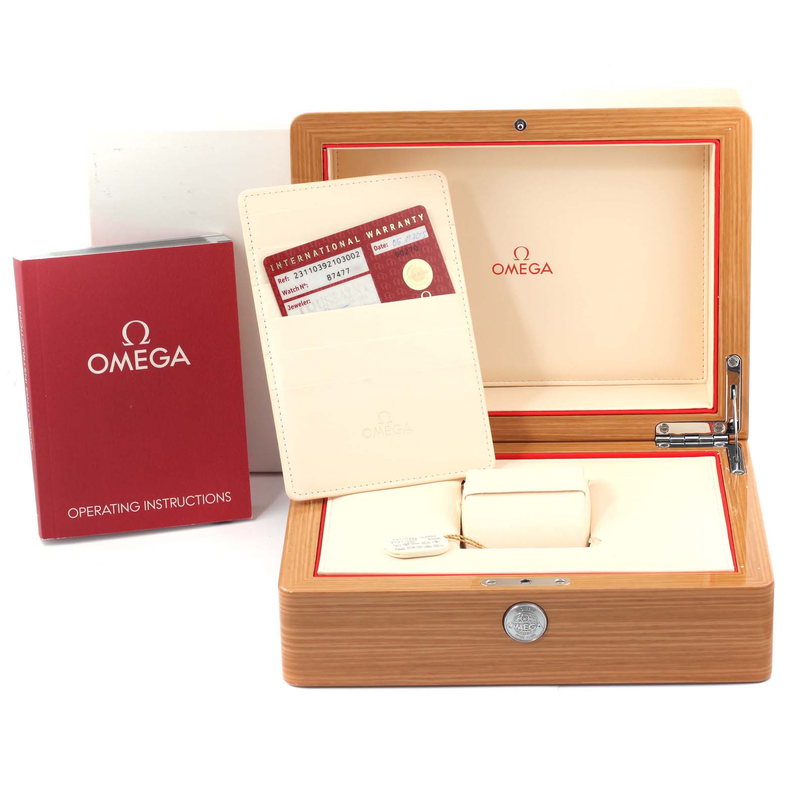 The image shows an open Omega Aqua Terra 231.10.39.21.03.002 Men
s Stainless Steel Blue Dial 231.10.39.21.03.002 Men
s Stainless Steel Blue Dial watch box, warranty card holder, and an operating instructions booklet.