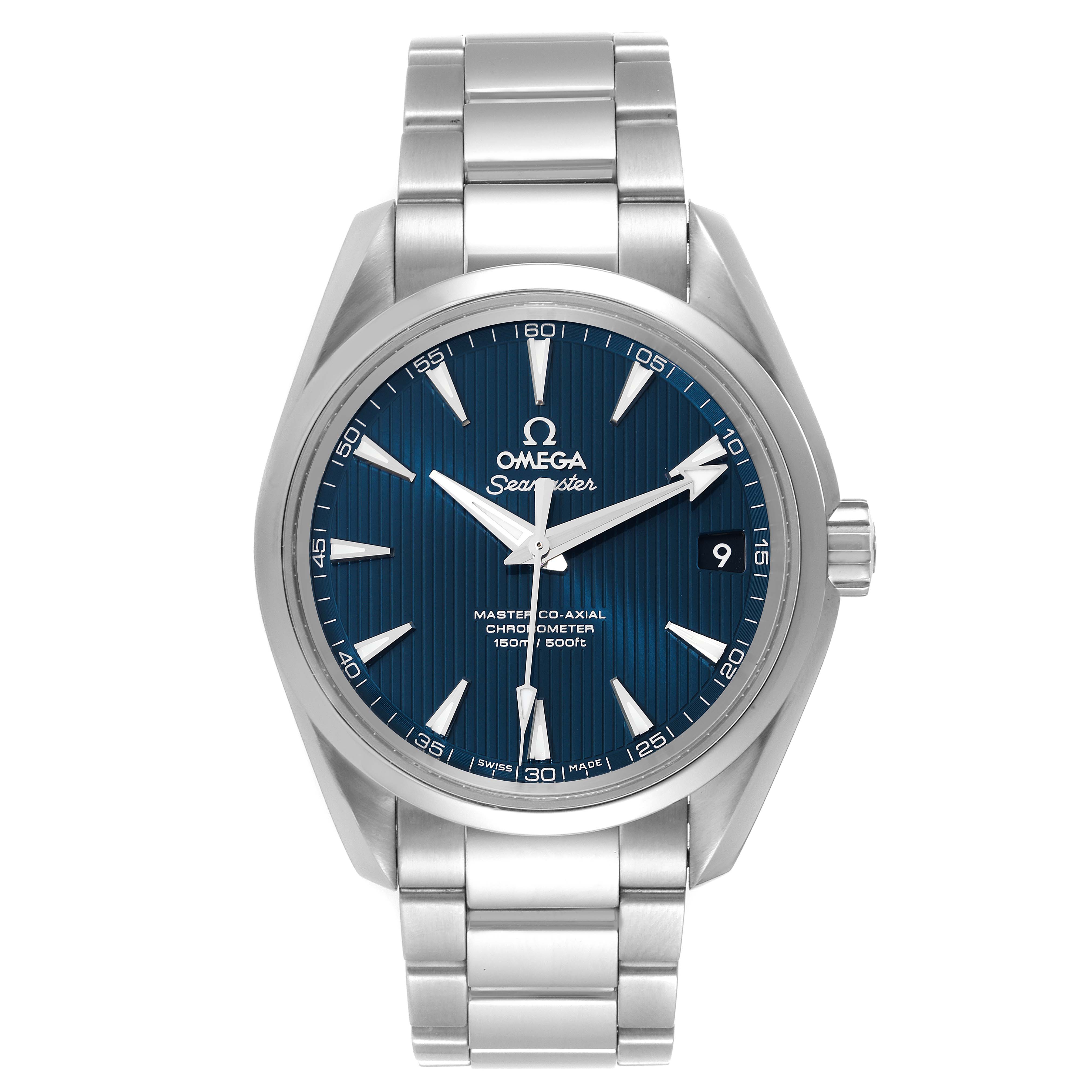 The Omega Aqua Terra 231.10.39.21.03.002 Men
s Stainless Steel Blue Dial 231.10.39.21.03.002 Men
s Stainless Steel Blue Dial watch is shown from a front angle, displaying the dial, hour markers, hands, and metal bracelet.