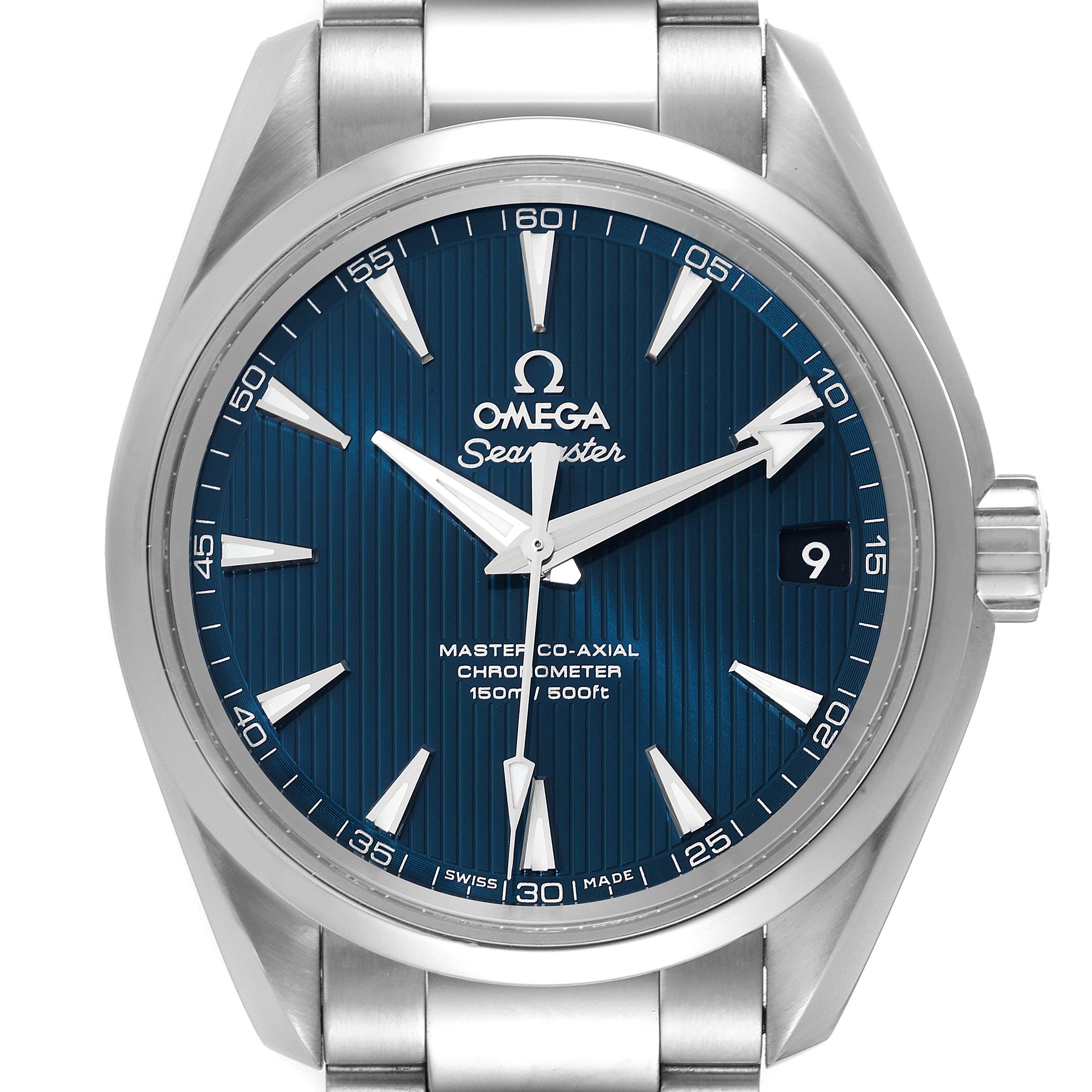 The image shows the front view of an Omega Aqua Terra 231.10.39.21.03.002 Men
s Stainless Steel Blue Dial 231.10.39.21.03.002 Men
s Stainless Steel Blue Dial watch, highlighting the blue dial and stainless steel bracelet.
