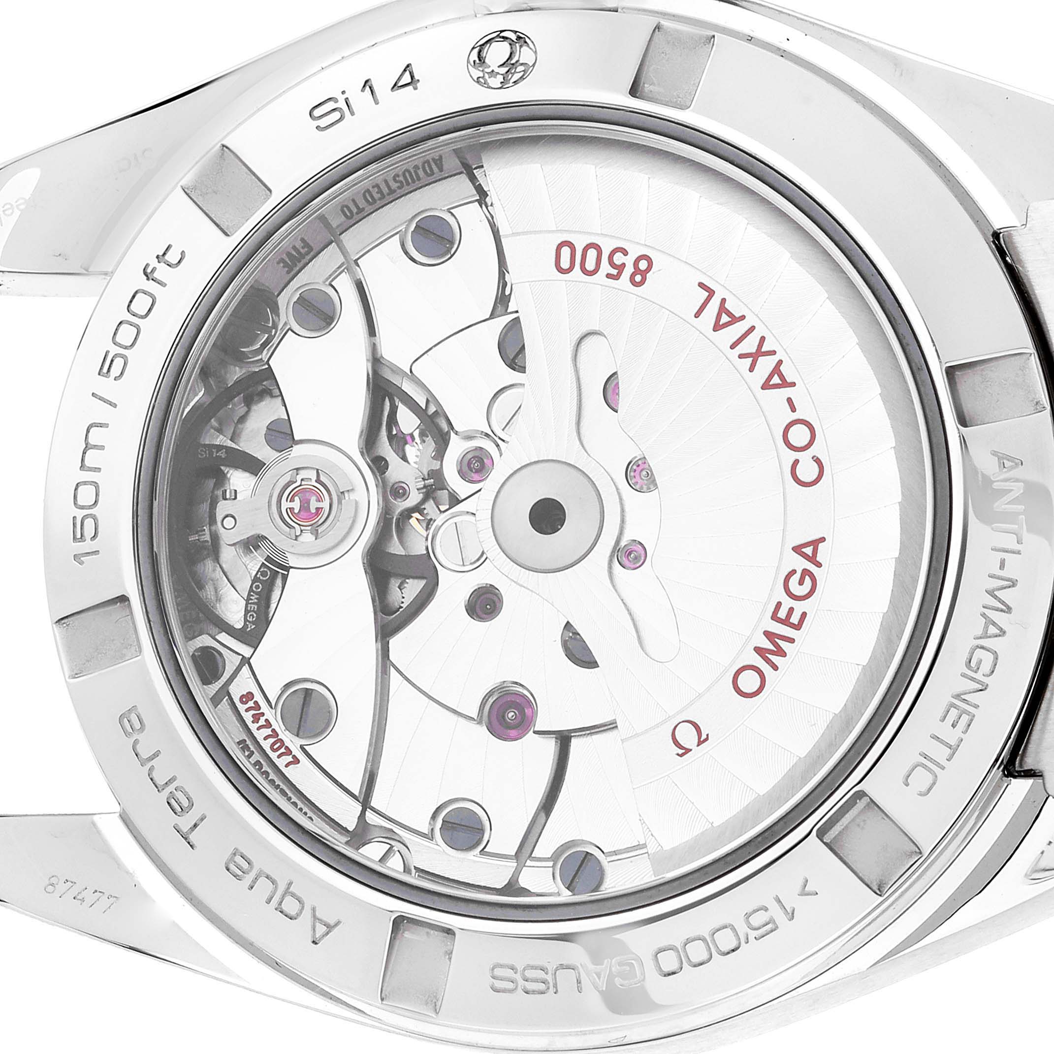 The image shows the back view of the Omega Aqua Terra 231.10.39.21.03.002 Men
s Stainless Steel Blue Dial 231.10.39.21.03.002 Men
s Stainless Steel Blue Dial watch, revealing its intricate internal mechanisms and engravings.