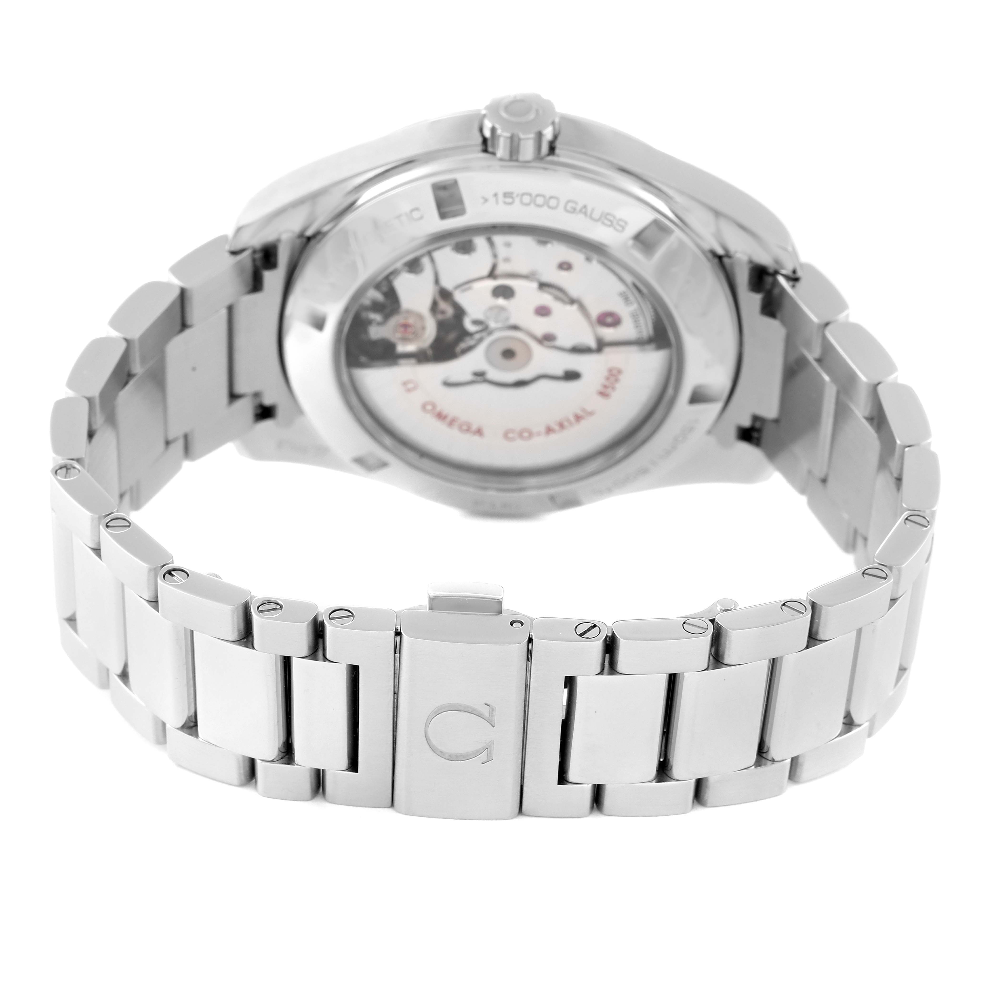 The image shows the back of the Omega Aqua Terra 231.10.42.21.01.003 Men's Stainless Steel Black Dial 231.10.42.21.01.003 Men's Stainless Steel Black Dial watch, highlighting the movement and bracelet clasp.