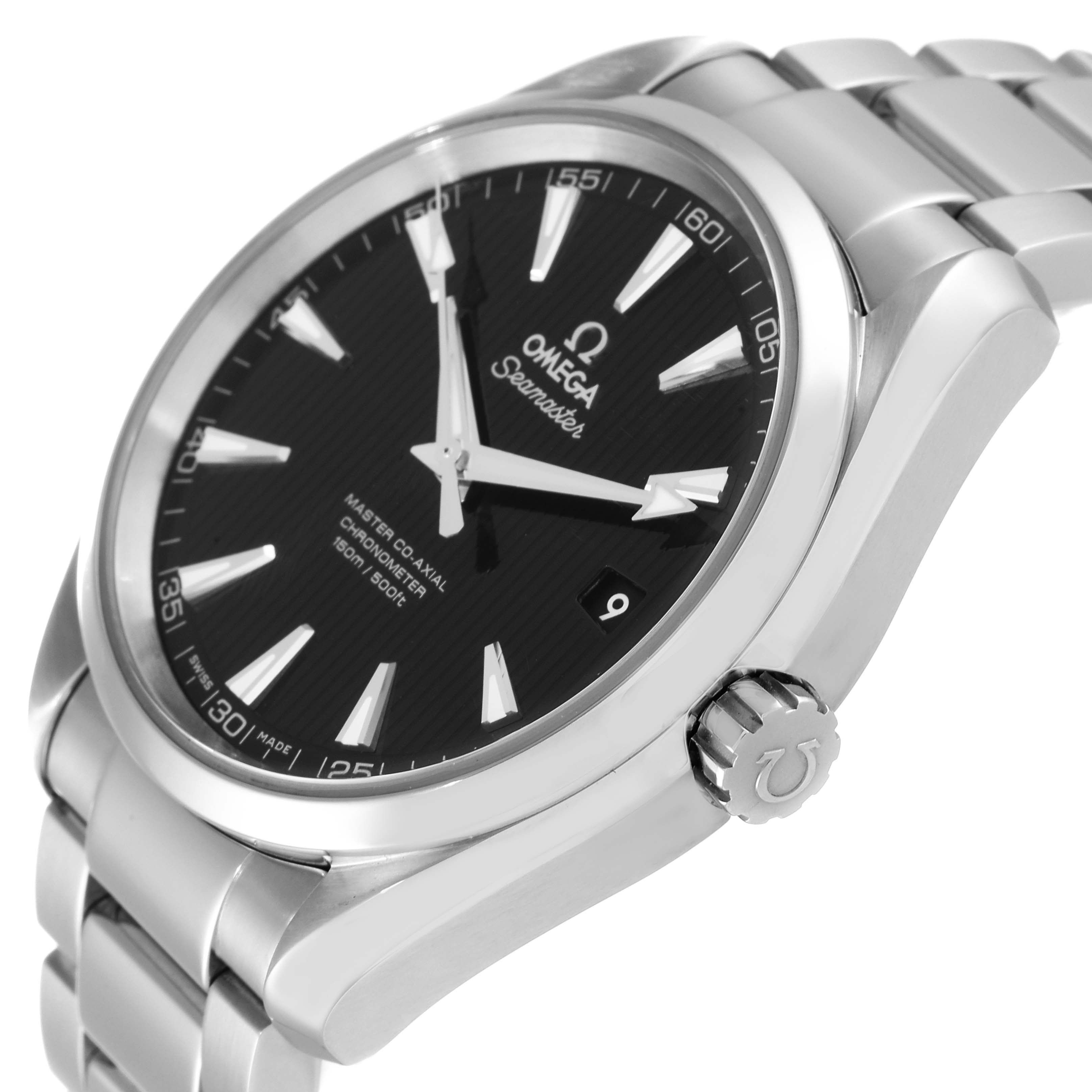 The image showcases an Omega Aqua Terra 231.10.42.21.01.003 Men's Stainless Steel Black Dial 231.10.42.21.01.003 Men's Stainless Steel Black Dial watch angle emphasizing the dial, crown, and part of the bracelet.