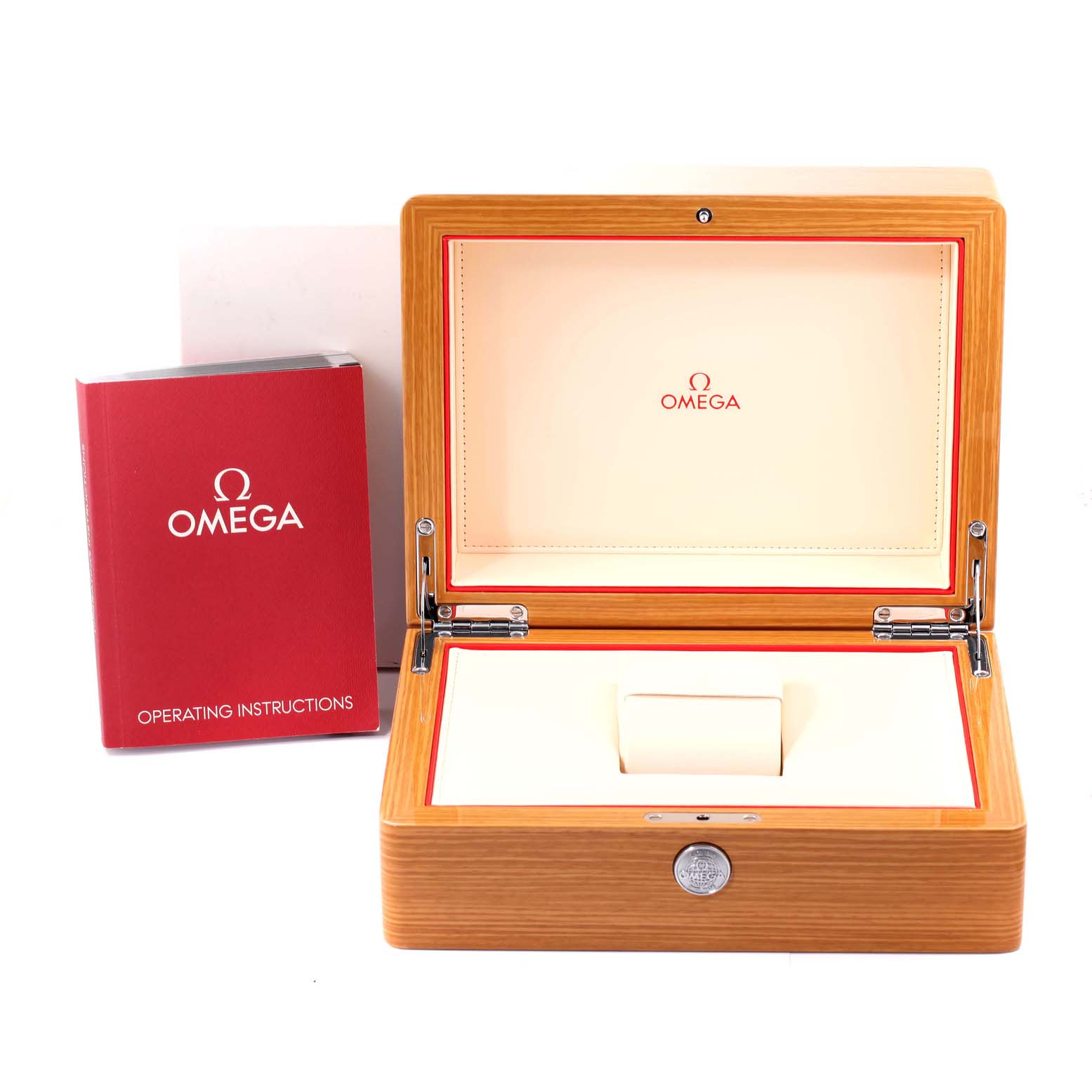 The image shows the packaging box and operating instructions for the Omega Aqua Terra 231.10.42.21.01.003 Men's Stainless Steel Black Dial 231.10.42.21.01.003 Men's Stainless Steel Black Dial model watch.