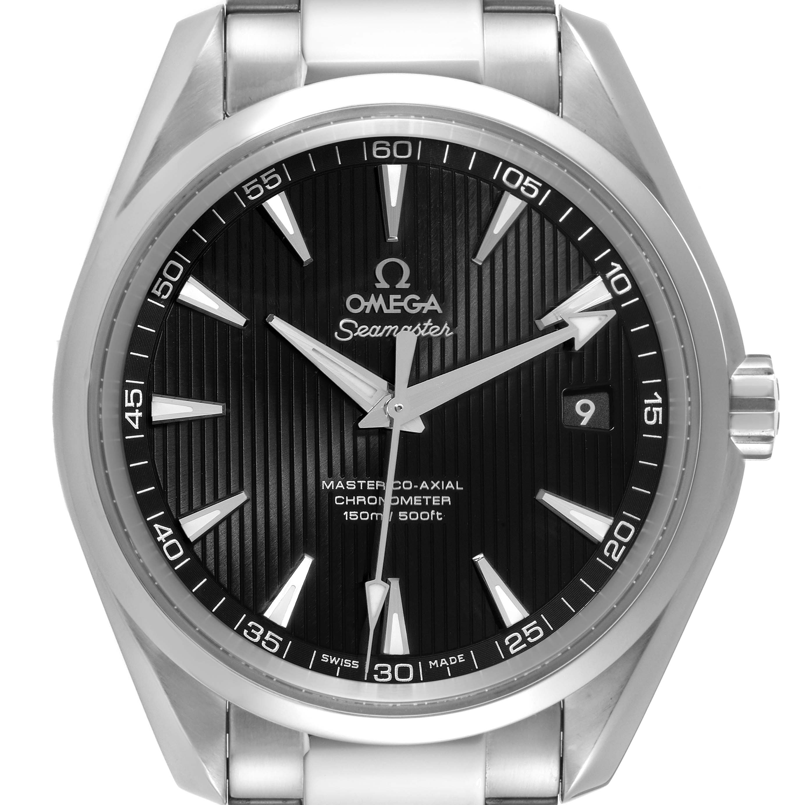 The image shows a close-up, front-facing view of the Omega Aqua Terra 231.10.42.21.01.003 Men's Stainless Steel Black Dial 231.10.42.21.01.003 Men's Stainless Steel Black Dial watch, highlighting the dial and bracelet.
