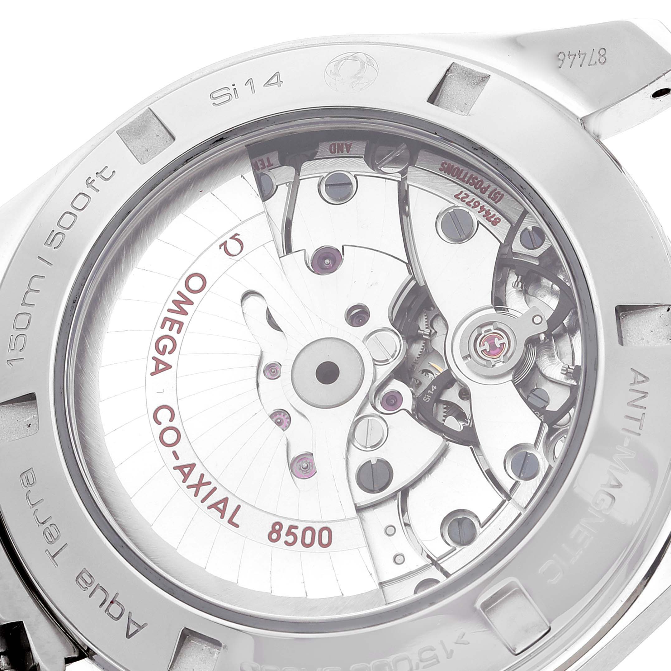 The image shows a close-up of the back of an Omega Aqua Terra 231.10.42.21.01.003 Men's Stainless Steel Black Dial 231.10.42.21.01.003 Men's Stainless Steel Black Dial watch, highlighting the movement mechanism and "Co-Axial 8500" marking.