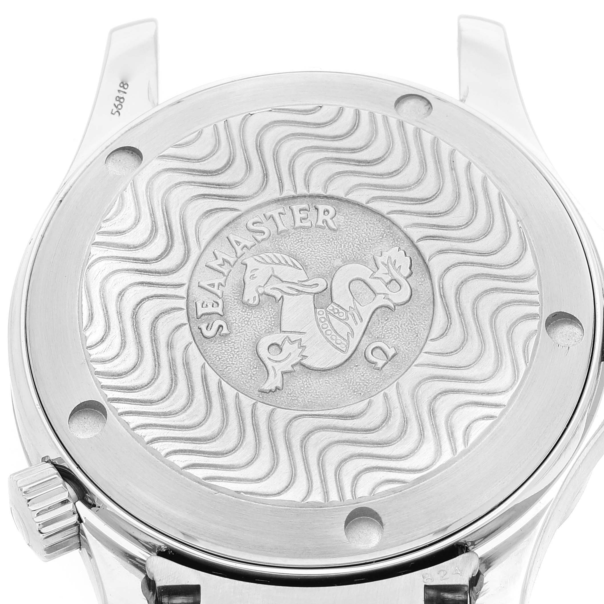 The image shows the back case of an Omega Seamaster 2561.80.00 Men's Stainless Steel Blue Dial 2561.80.00 Men's Stainless Steel Blue Dial watch at a slight diagonal angle.