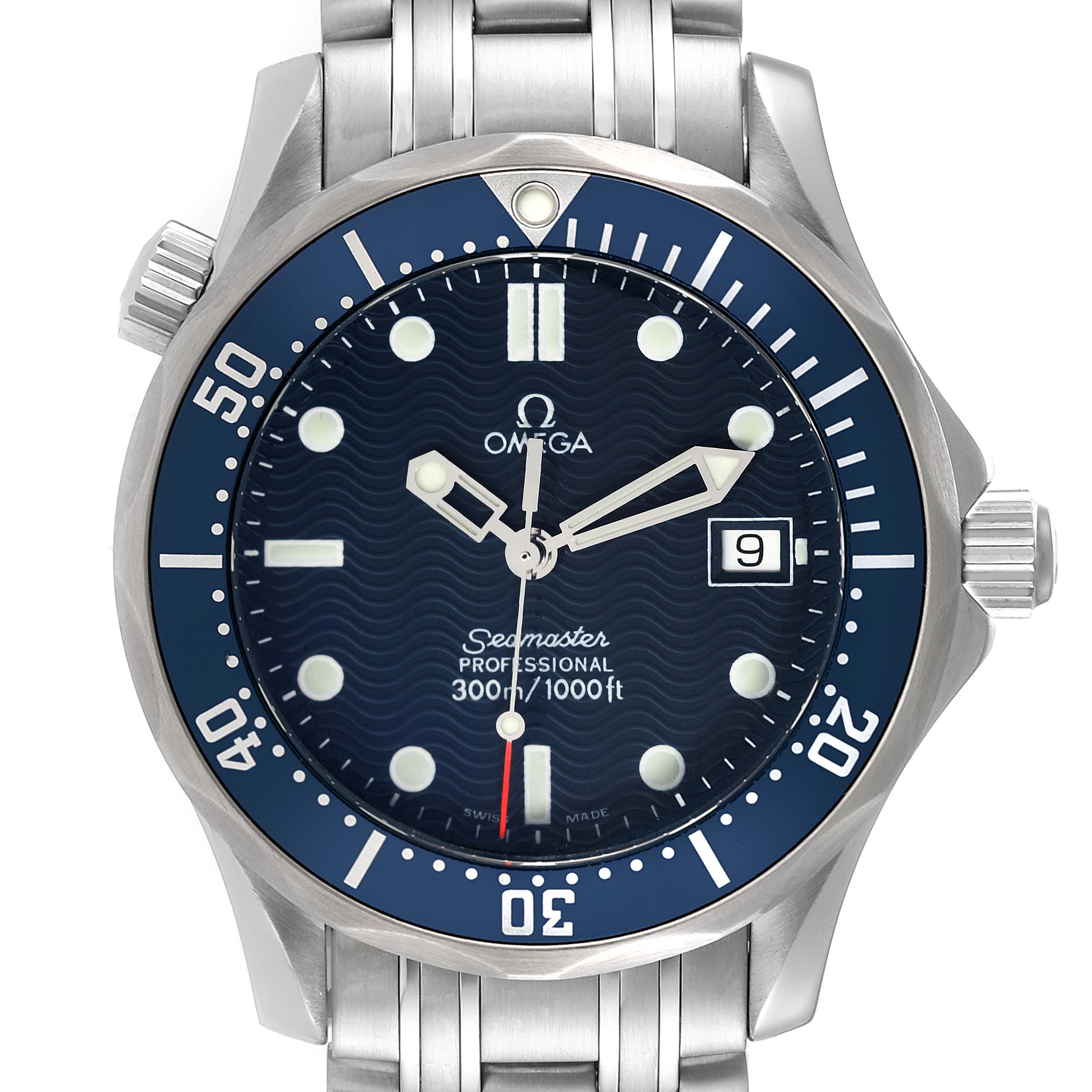 This image shows a front view of an Omega Seamaster 2561.80.00 Men's Stainless Steel Blue Dial 2561.80.00 Men's Stainless Steel Blue Dial watch, highlighting its dial, bezel, and bracelet.