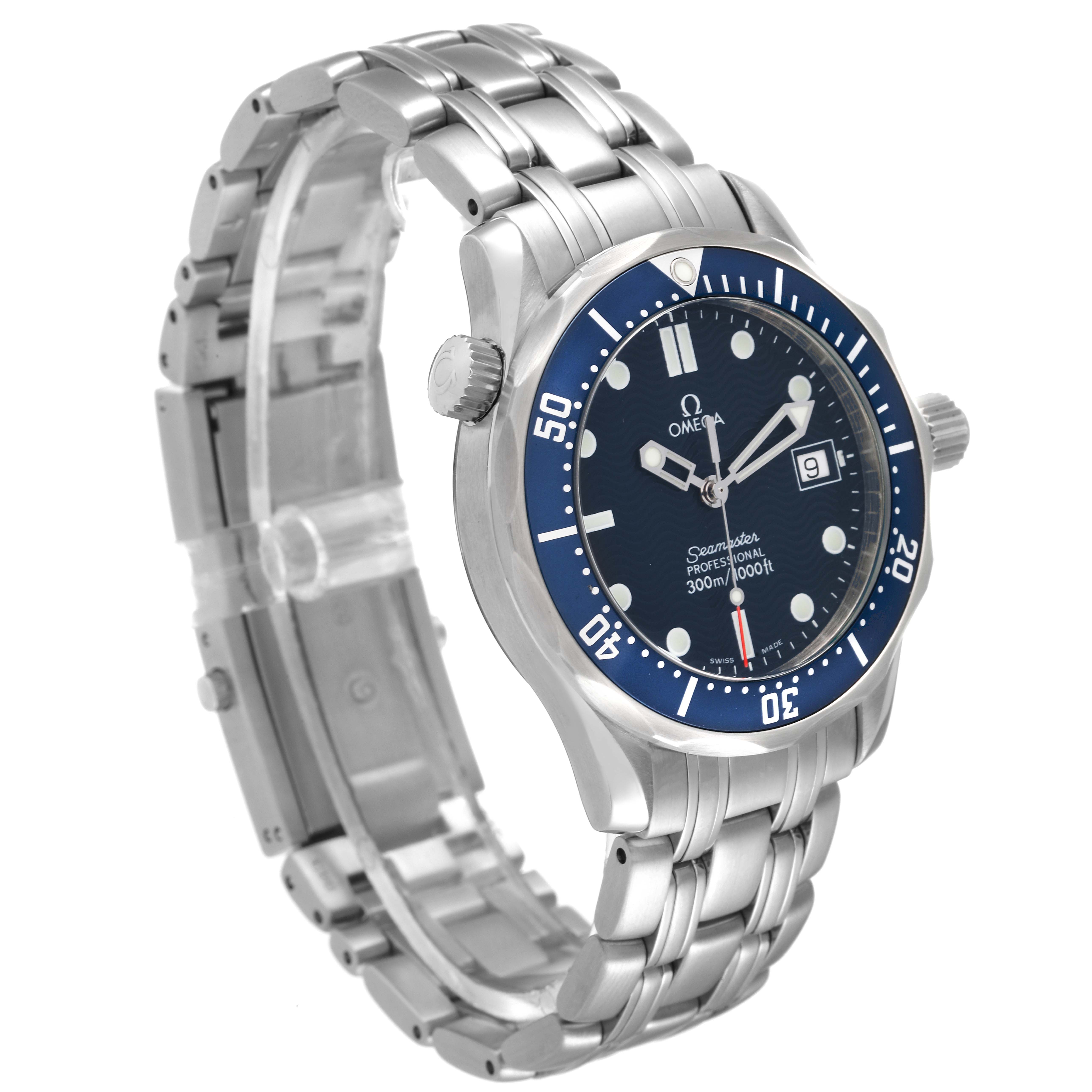 The image shows an Omega Seamaster 2561.80.00 Men's Stainless Steel Blue Dial 2561.80.00 Men's Stainless Steel Blue Dial watch from a side angle, highlighting the face, bezel, and metal bracelet.