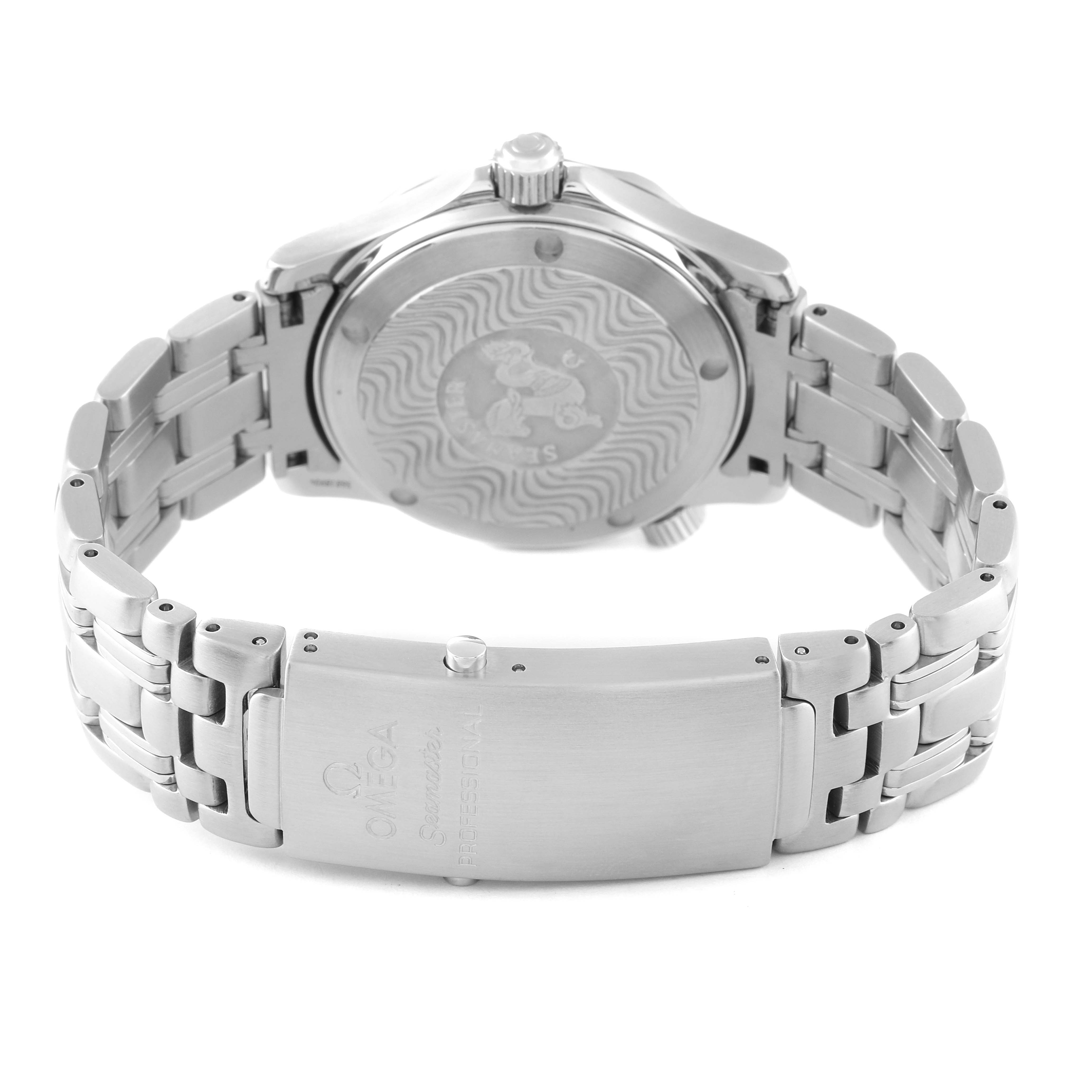 The image shows the back side of the Omega Seamaster 2561.80.00 Men's Stainless Steel Blue Dial 2561.80.00 Men's Stainless Steel Blue Dial watch, highlighting the case back, crown, and metal bracelet with the clasp.