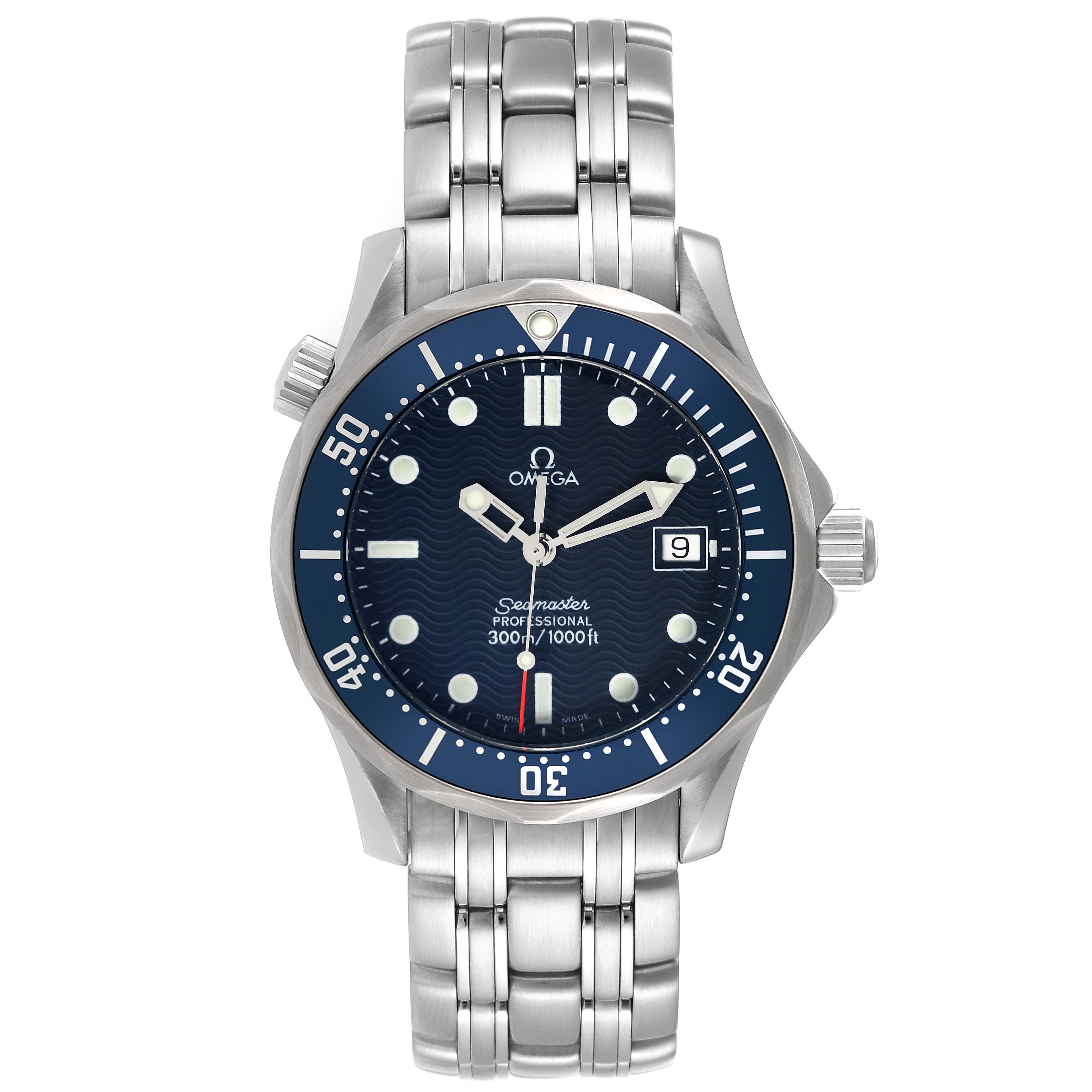 The Omega Seamaster 2561.80.00 Men's Stainless Steel Blue Dial 2561.80.00 Men's Stainless Steel Blue Dial watch is shown from the front, displaying its dial, bezel, and stainless steel bracelet.