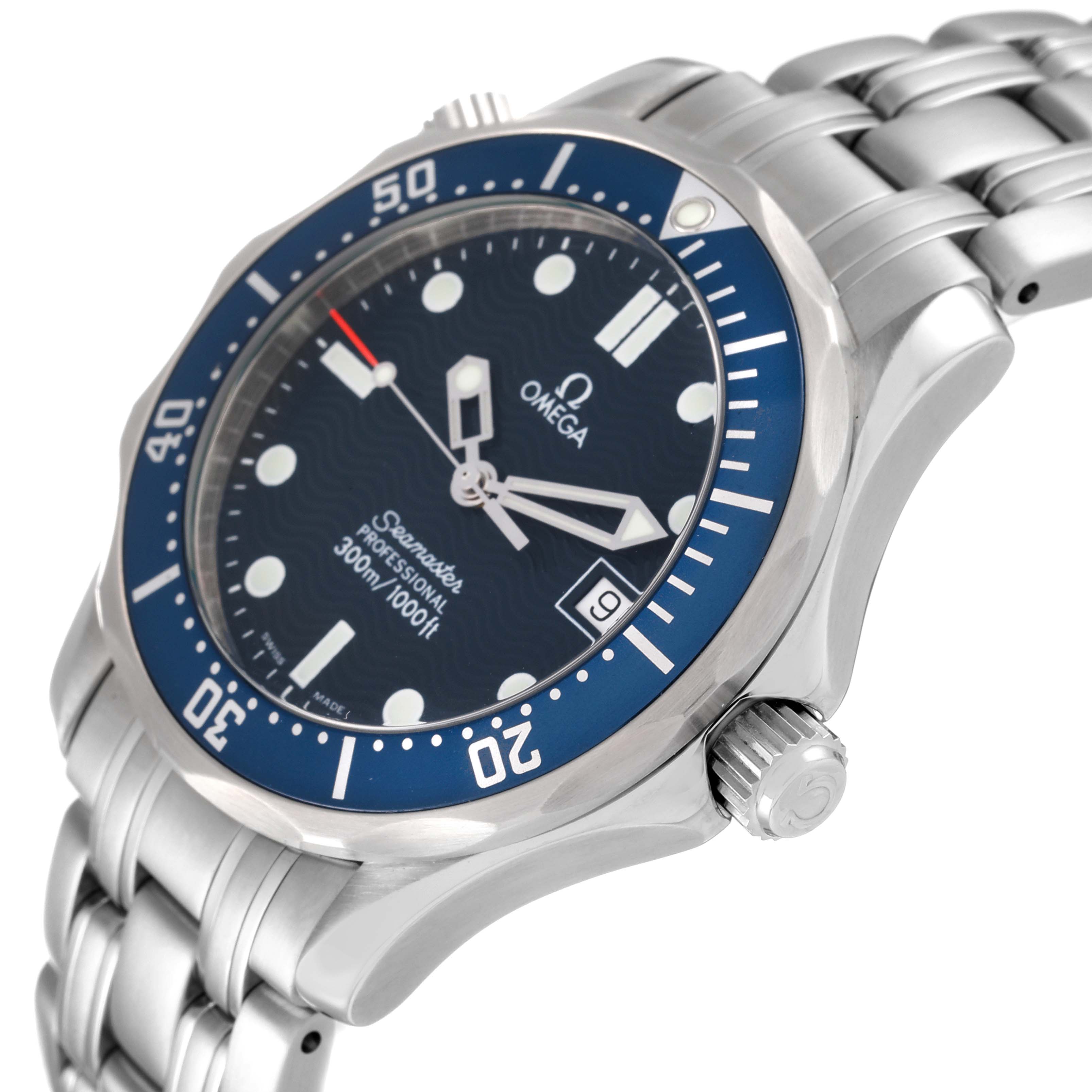 The image shows a side angle of the Omega Seamaster 2561.80.00 Men's Stainless Steel Blue Dial 2561.80.00 Men's Stainless Steel Blue Dial watch, highlighting the blue bezel, stainless steel case, crown, and bracelet.