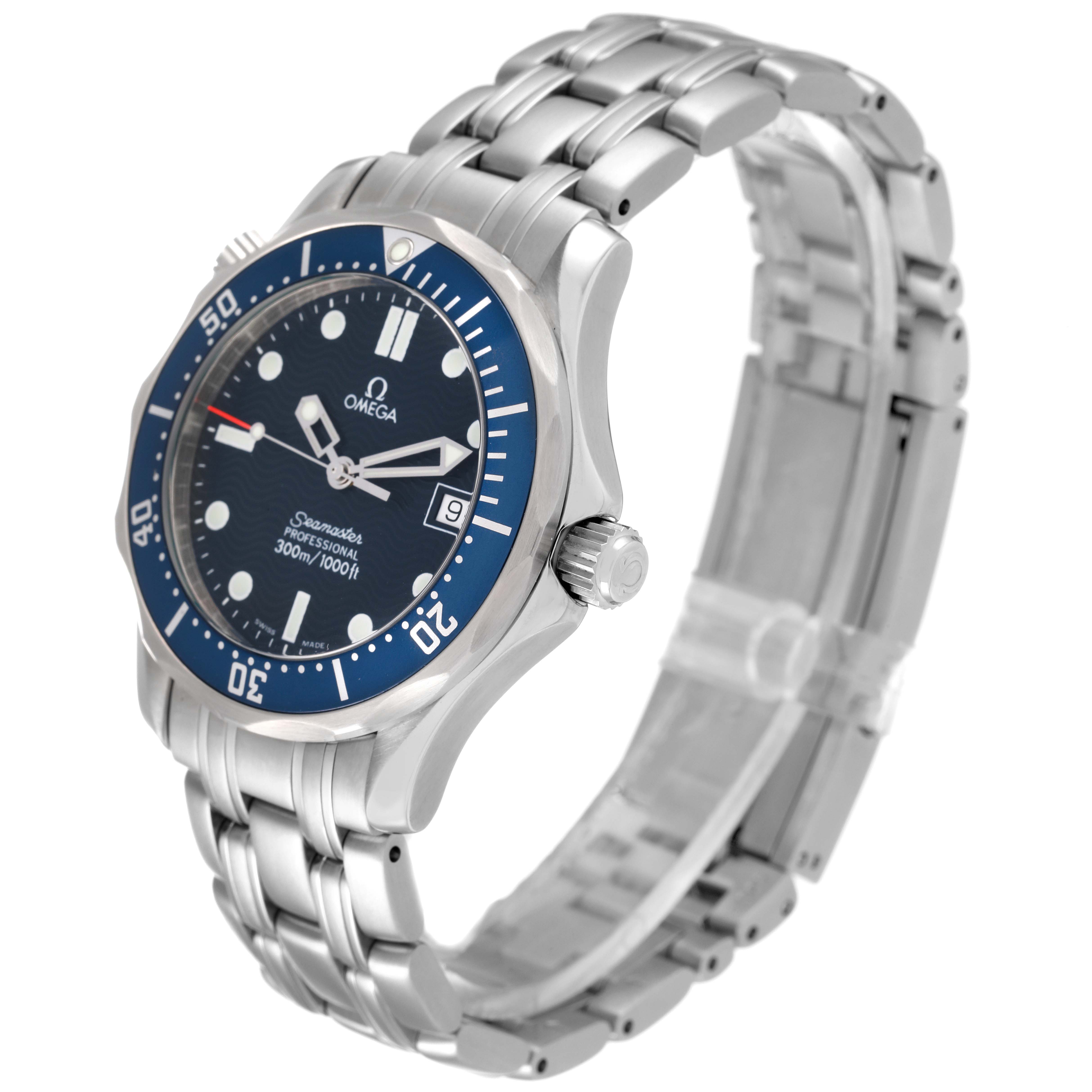 The Omega Seamaster 2561.80.00 Men's Stainless Steel Blue Dial 2561.80.00 Men's Stainless Steel Blue Dial watch is shown at a three-quarter angle, highlighting the dial, bezel, crown, and stainless steel bracelet.