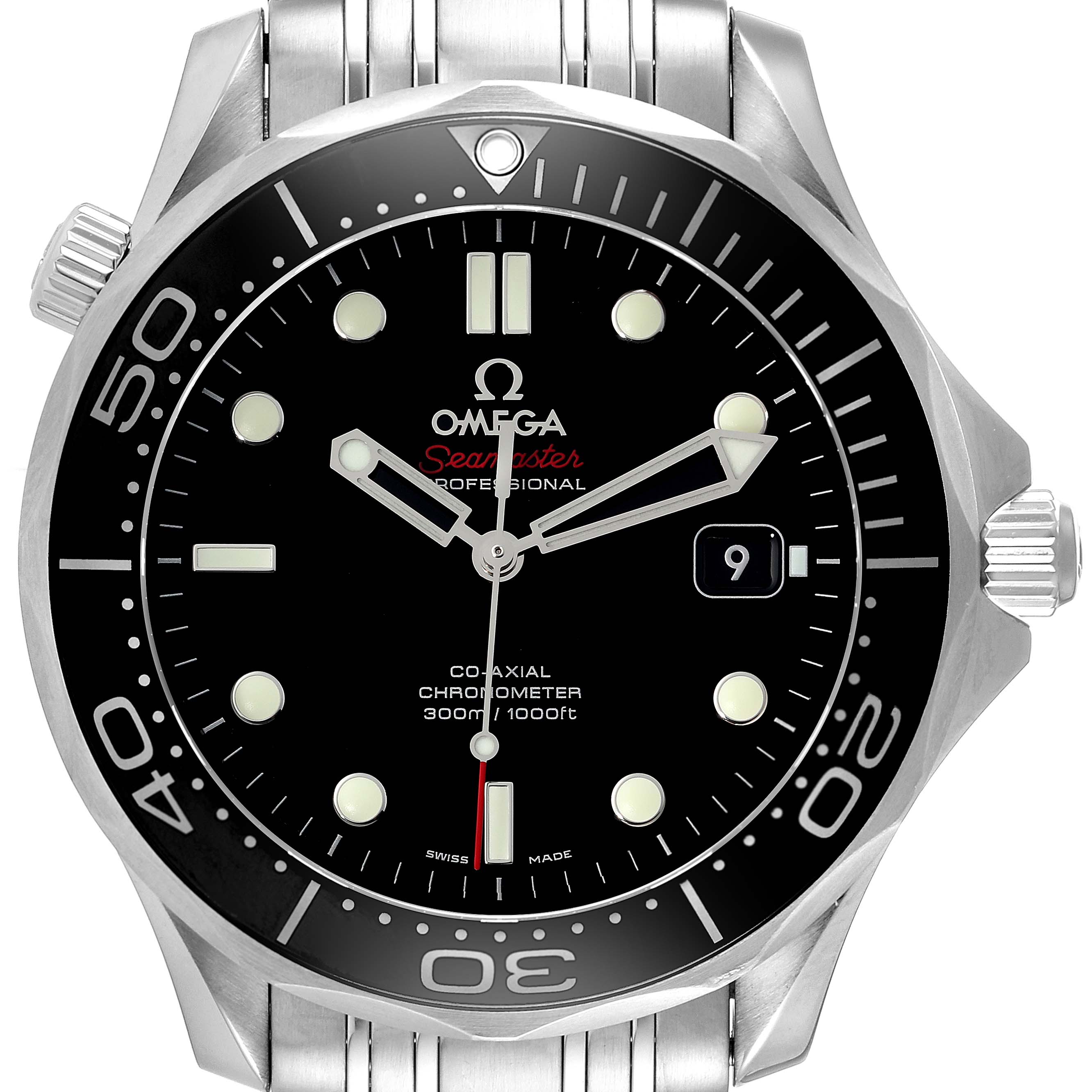 The image shows a front view of the Omega Seamaster 212.30.41.20.01.003 Men's Stainless Steel Black Dial 212.30.41.20.01.003 Men's Stainless Steel Black Dial watch, including the dial, bezel, crown, and part of the bracelet.
