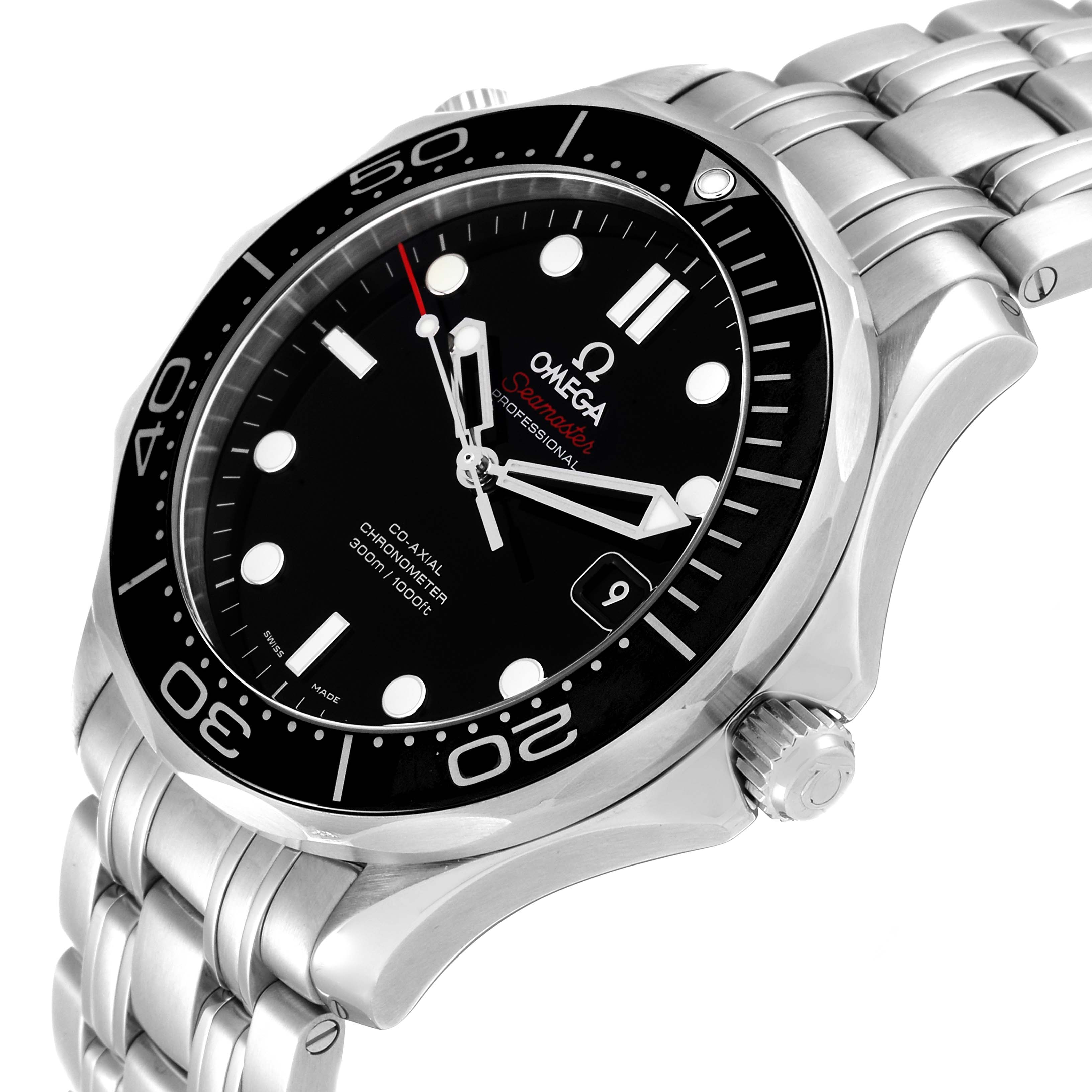 The Omega Seamaster 212.30.41.20.01.003 Men's Stainless Steel Black Dial 212.30.41.20.01.003 Men's Stainless Steel Black Dial watch is shown at an angle revealing the face, bezel, crown, and part of the bracelet.