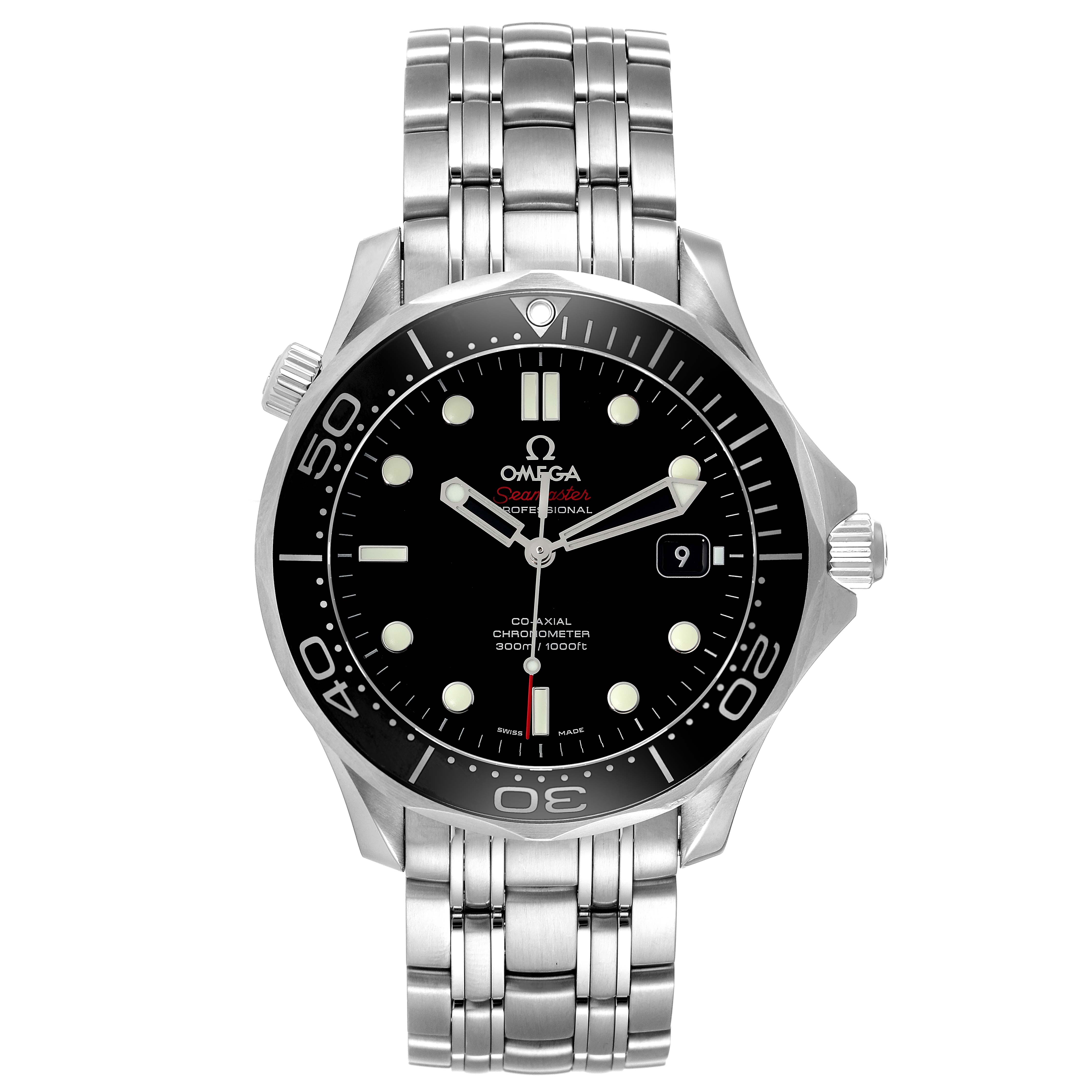 The image shows a front view of the Omega Seamaster 212.30.41.20.01.003 Men's Stainless Steel Black Dial 212.30.41.20.01.003 Men's Stainless Steel Black Dial watch, displaying its dial, bezel, and stainless steel bracelet.