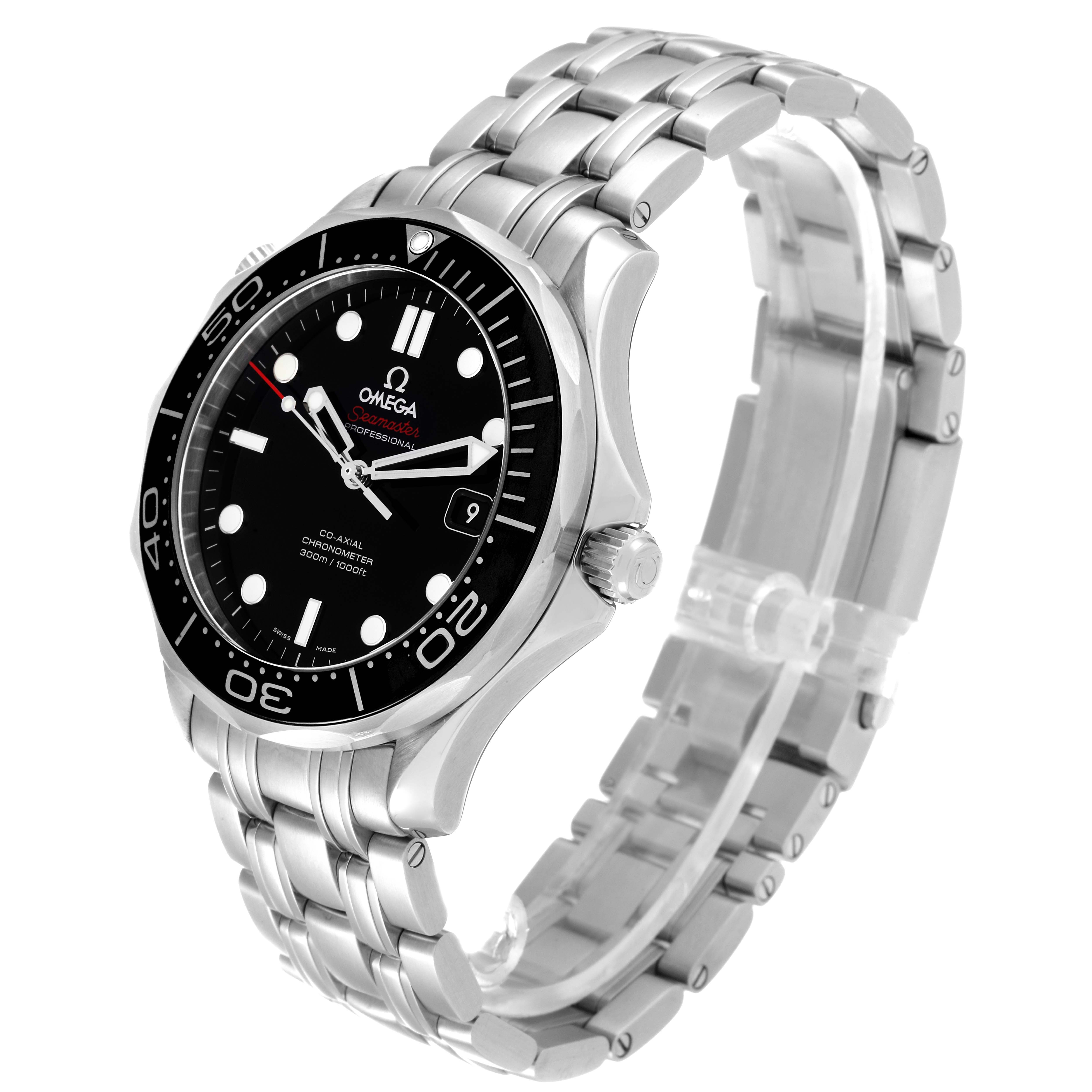 The image shows an angled view of the Omega Seamaster 212.30.41.20.01.003 Men's Stainless Steel Black Dial 212.30.41.20.01.003 Men's Stainless Steel Black Dial wristwatch, displaying the bracelet, bezel, dial, and crown.