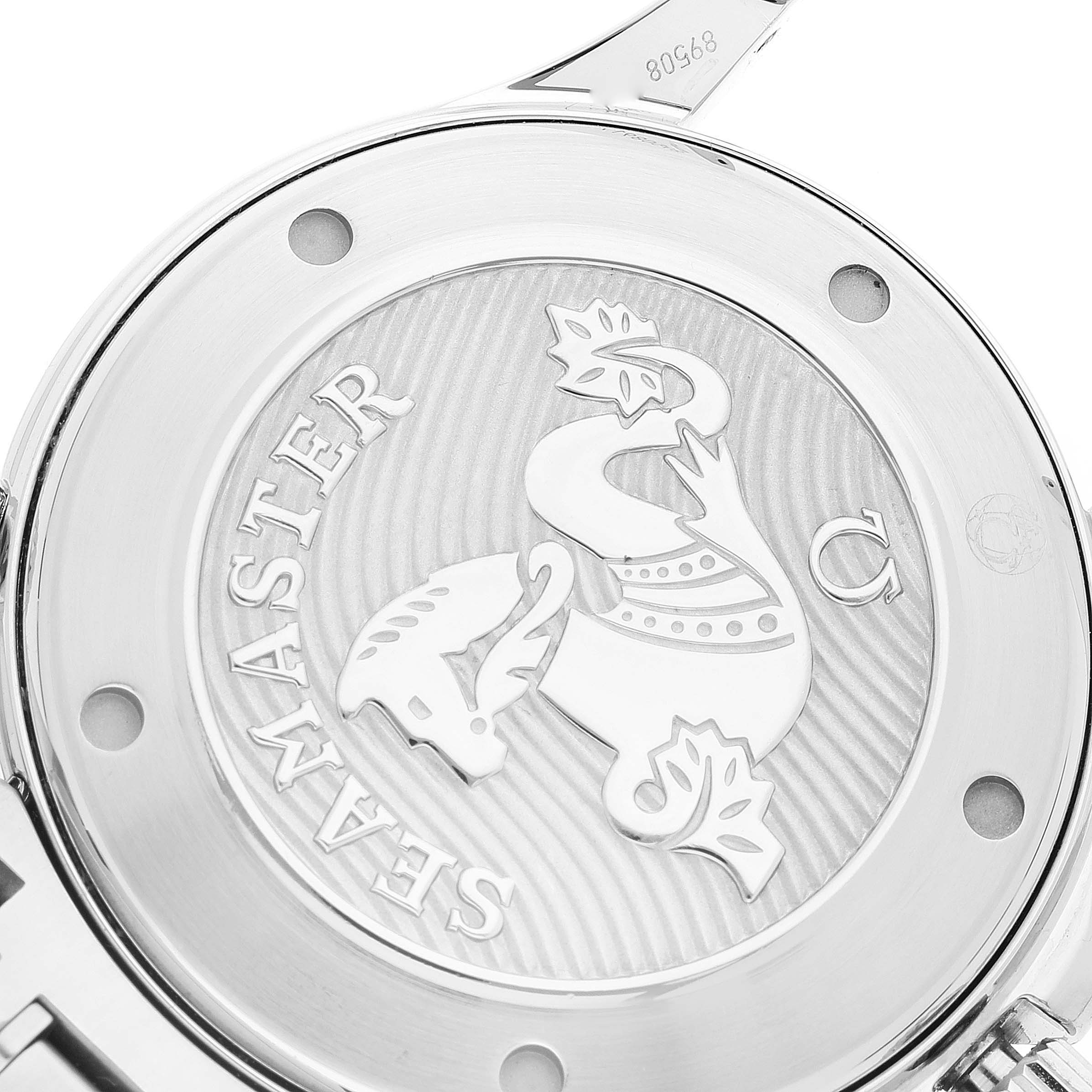 The image shows the case back of the Omega Seamaster 212.30.41.20.01.003 Men's Stainless Steel Black Dial 212.30.41.20.01.003 Men's Stainless Steel Black Dial watch, highlighting the engraved logo and design.