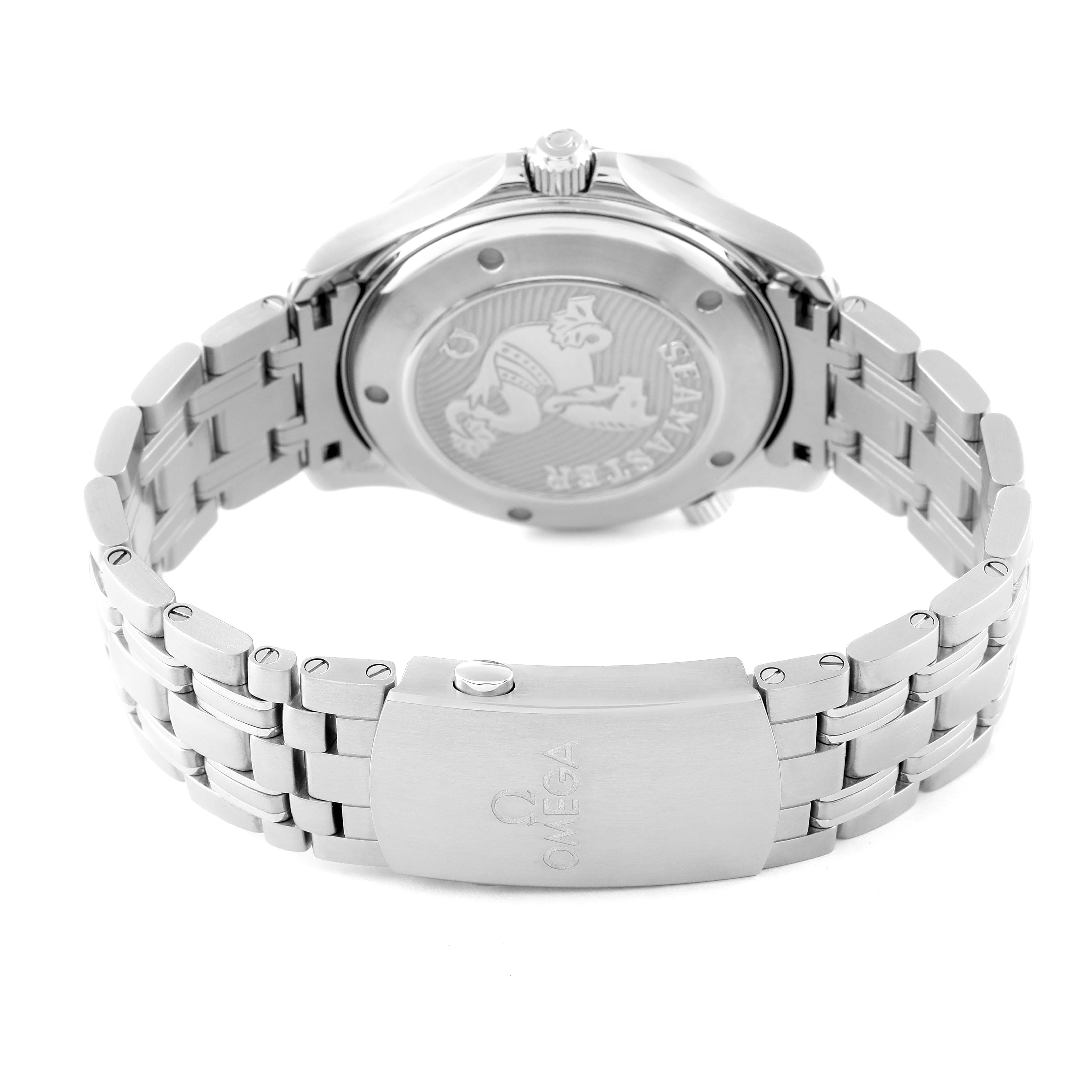 The image shows the back and bracelet of the Omega Seamaster 212.30.41.20.01.003 Men's Stainless Steel Black Dial 212.30.41.20.01.003 Men's Stainless Steel Black Dial watch, highlighting its closed clasp and engraved case back.