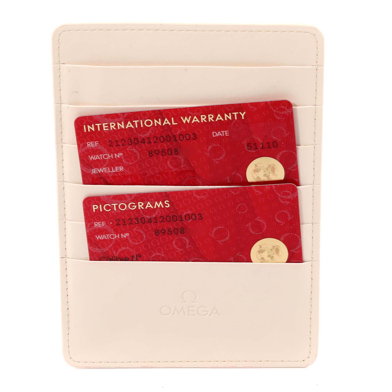 The image shows warranty and pictogram cards for the Omega Seamaster 212.30.41.20.01.003 Men's Stainless Steel Black Dial 212.30.41.20.01.003 Men's Stainless Steel Black Dial model, placed in a white cardholder.