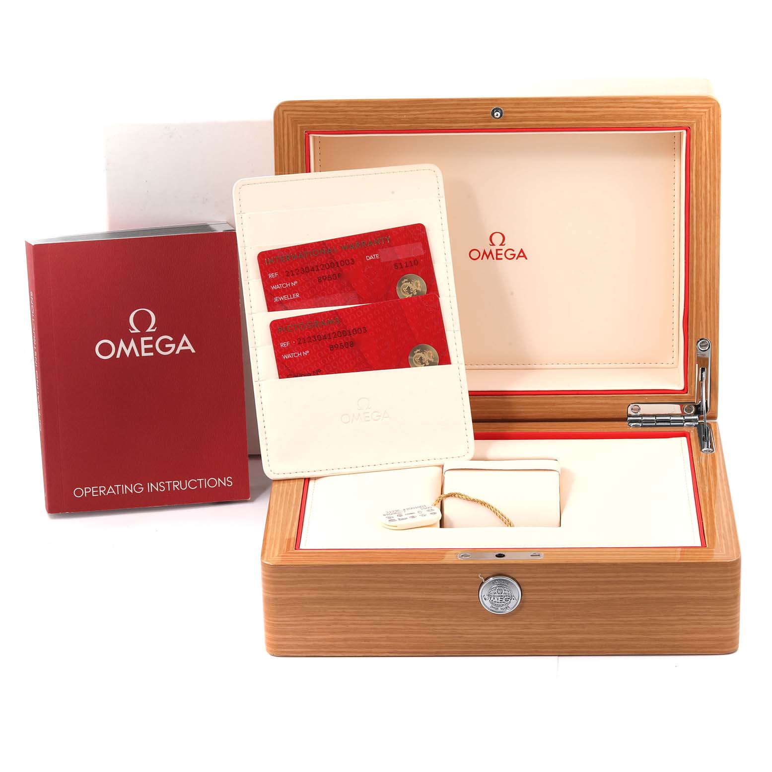 The image shows an Omega Seamaster 212.30.41.20.01.003 Men's Stainless Steel Black Dial 212.30.41.20.01.003 Men's Stainless Steel Black Dial watch box, operating instructions, and warranty cards from a front angle.