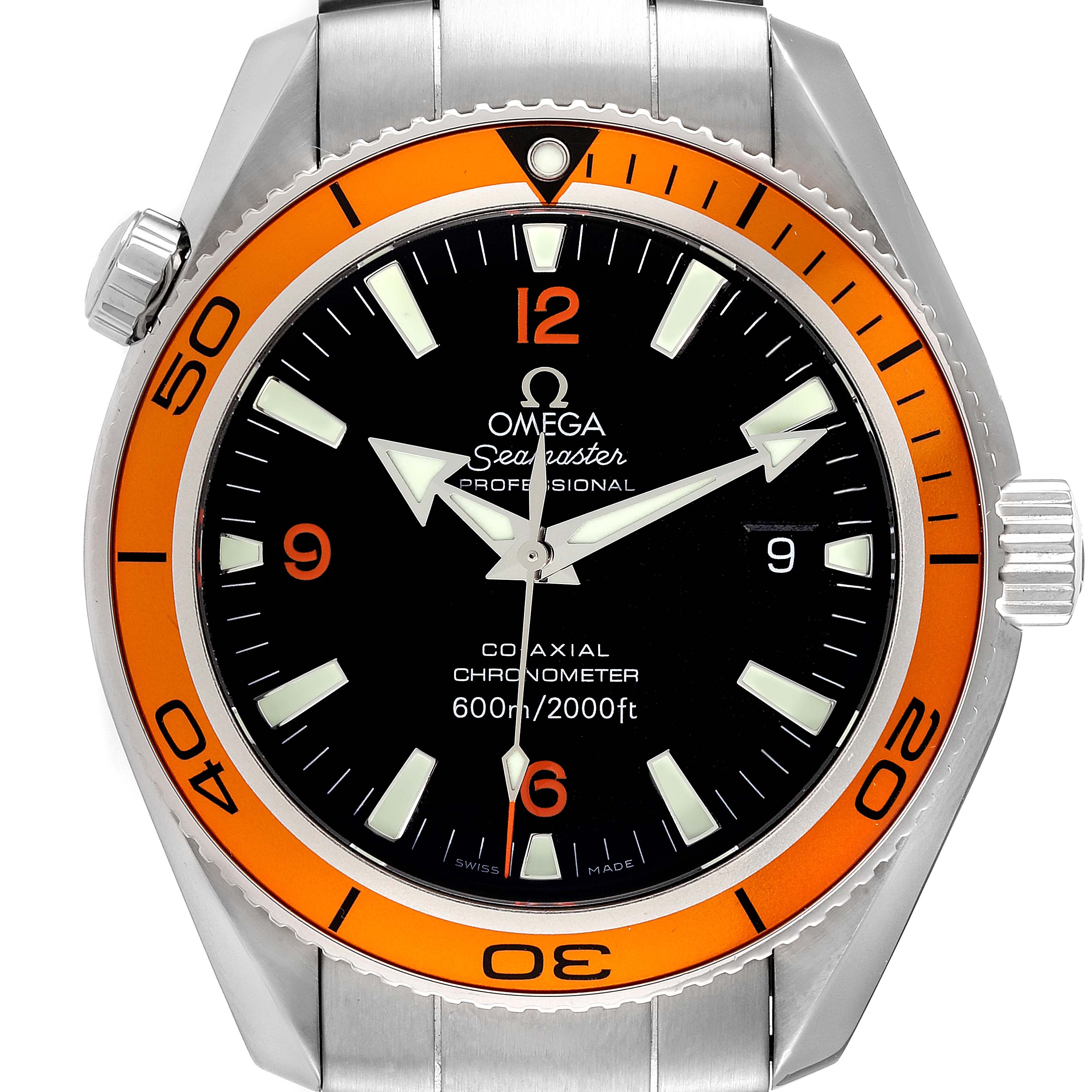 The Omega Planet Ocean 2209.50.00 Men
s Stainless Steel Black Dial 2209.50.00 Men
s Stainless Steel Black Dial watch shown is viewed from the front, displaying the face, bezel, and part of the bracelet.