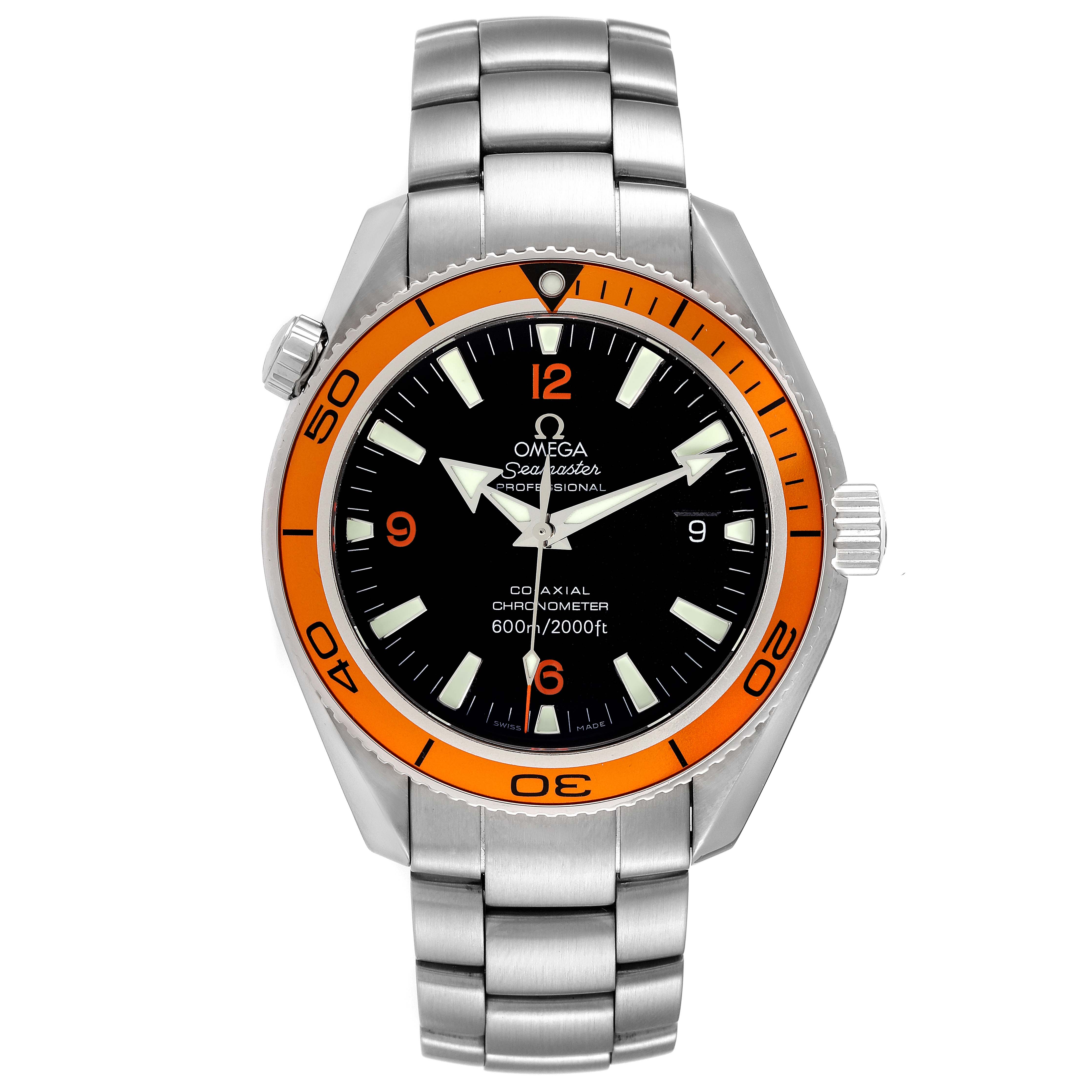 The image shows a front view of the Omega Planet Ocean 2209.50.00 Men
s Stainless Steel Black Dial 2209.50.00 Men
s Stainless Steel Black Dial watch with an orange bezel and stainless steel bracelet.