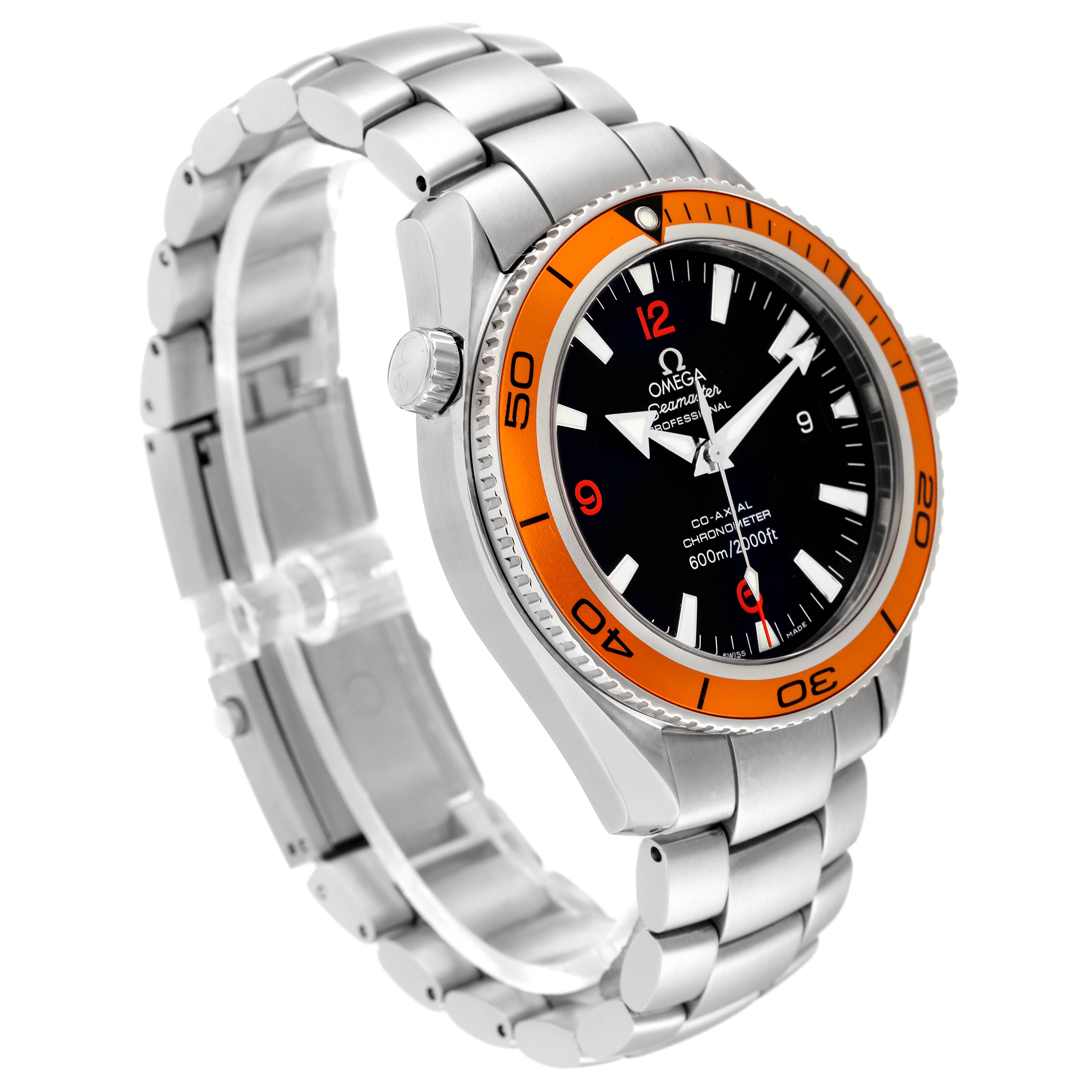 The image shows an angled view of the Omega Planet Ocean 2209.50.00 Men
s Stainless Steel Black Dial 2209.50.00 Men
s Stainless Steel Black Dial watch, highlighting its bezel, dial, case, and metal bracelet.