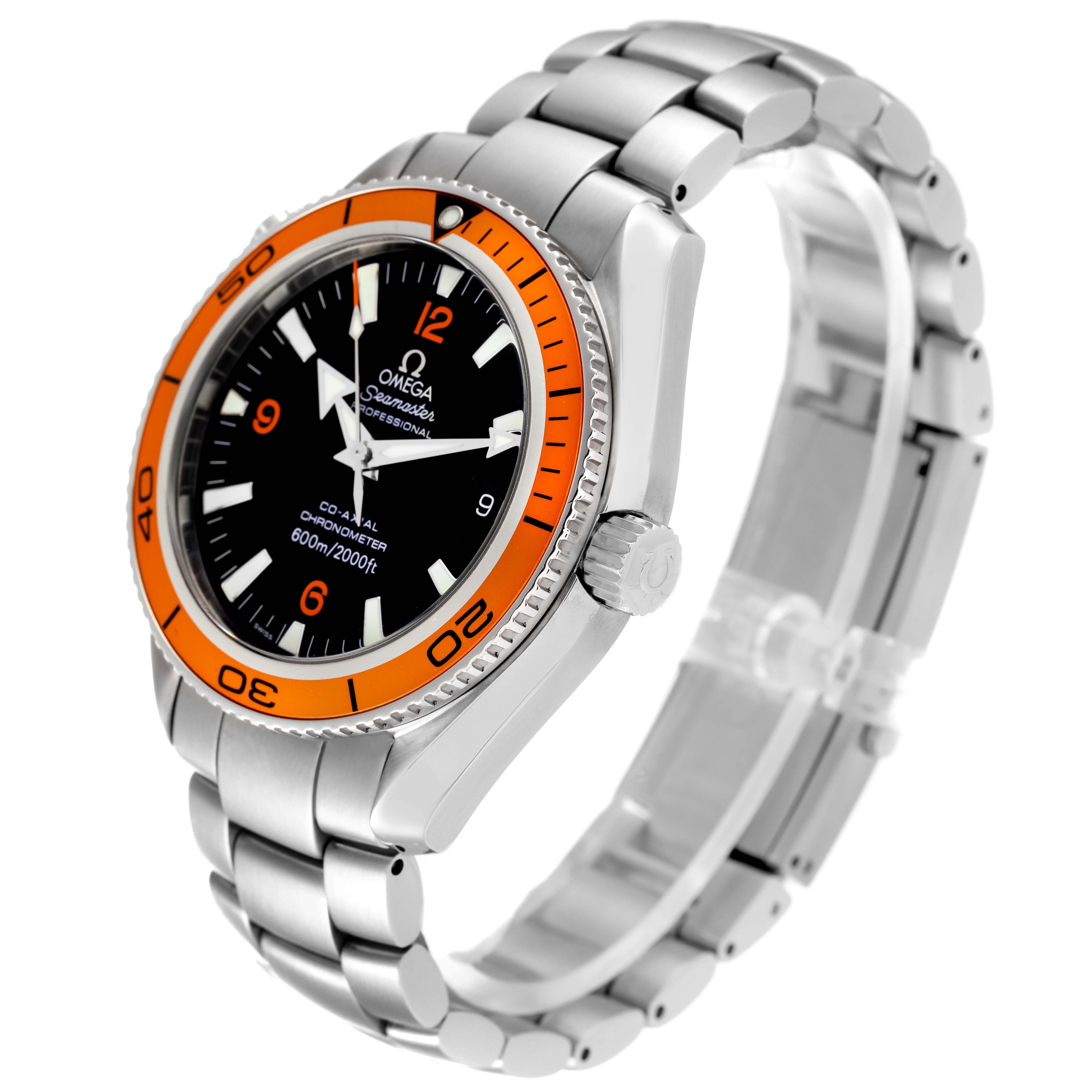 The Omega Planet Ocean 2209.50.00 Men
s Stainless Steel Black Dial 2209.50.00 Men
s Stainless Steel Black Dial watch is shown at an angle displaying the face, bezel, crown, and stainless steel bracelet.