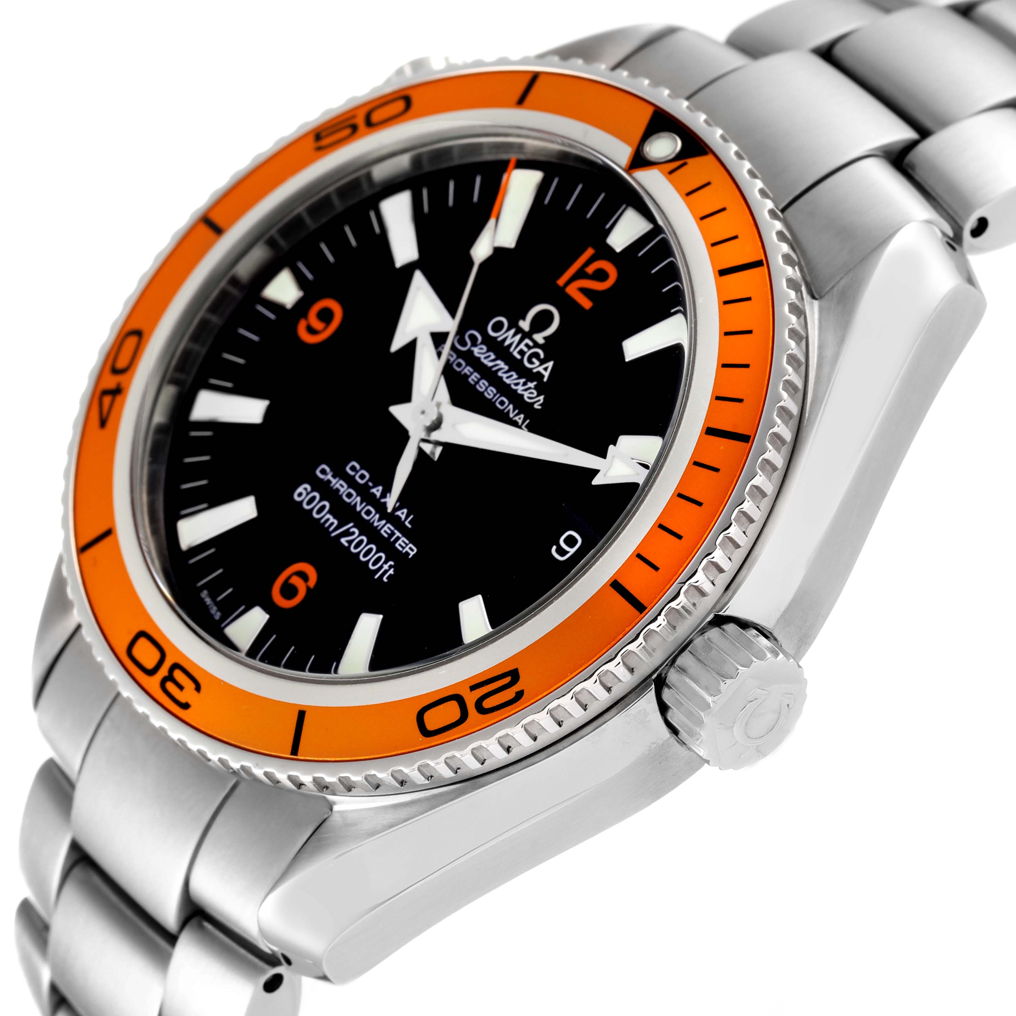 The image shows a close-up of the Omega Planet Ocean 2209.50.00 Men
s Stainless Steel Black Dial 2209.50.00 Men
s Stainless Steel Black Dial watch face, bezel, crown, and part of the bracelet, from an angled side view.