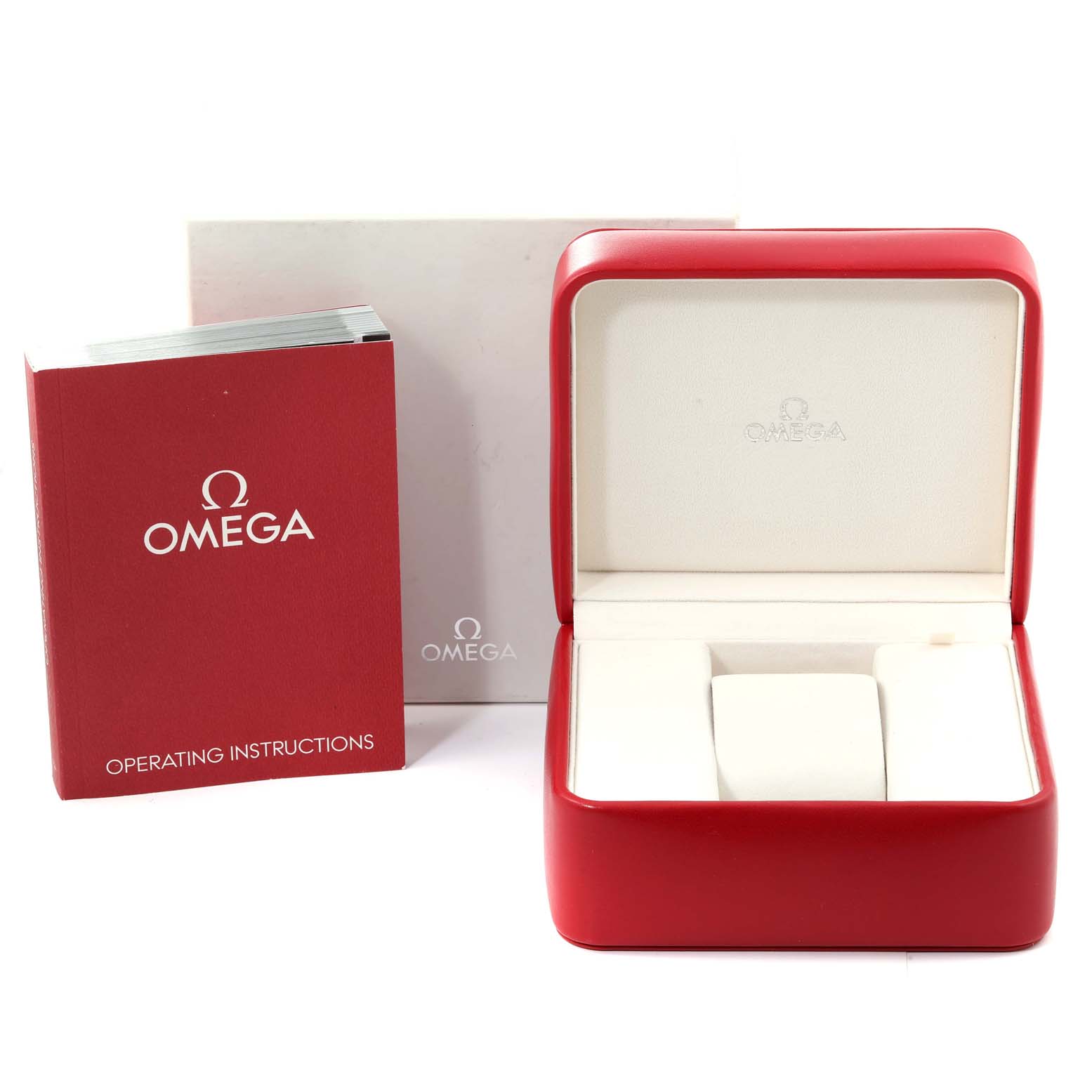 The image shows the open red box and operating instructions for the Omega Planet Ocean 2209.50.00 Men
s Stainless Steel Black Dial 2209.50.00 Men
s Stainless Steel Black Dial watch.