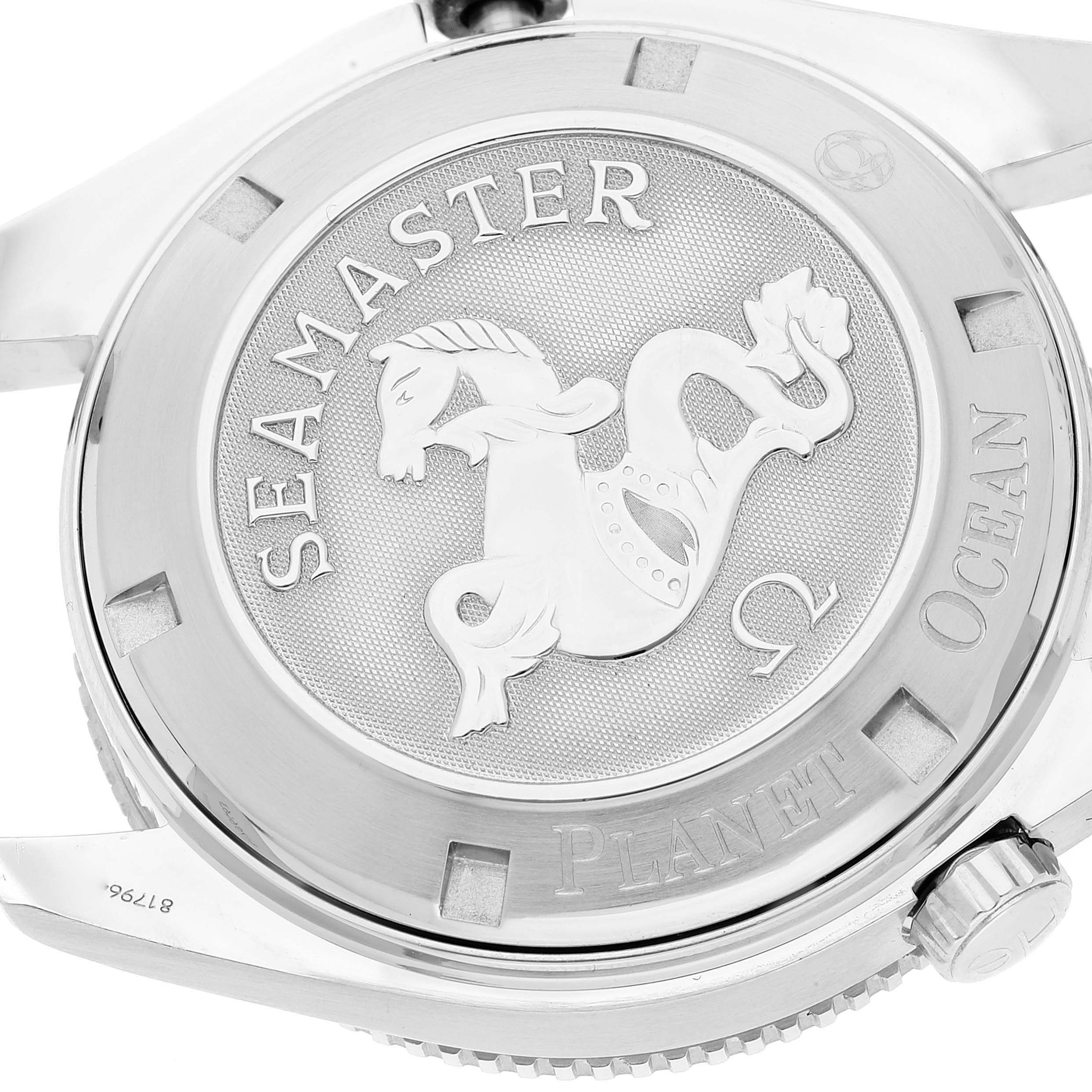 This image shows the back case of the Omega Planet Ocean 2209.50.00 Men
s Stainless Steel Black Dial 2209.50.00 Men
s Stainless Steel Black Dial watch model, featuring the Seamaster emblem.